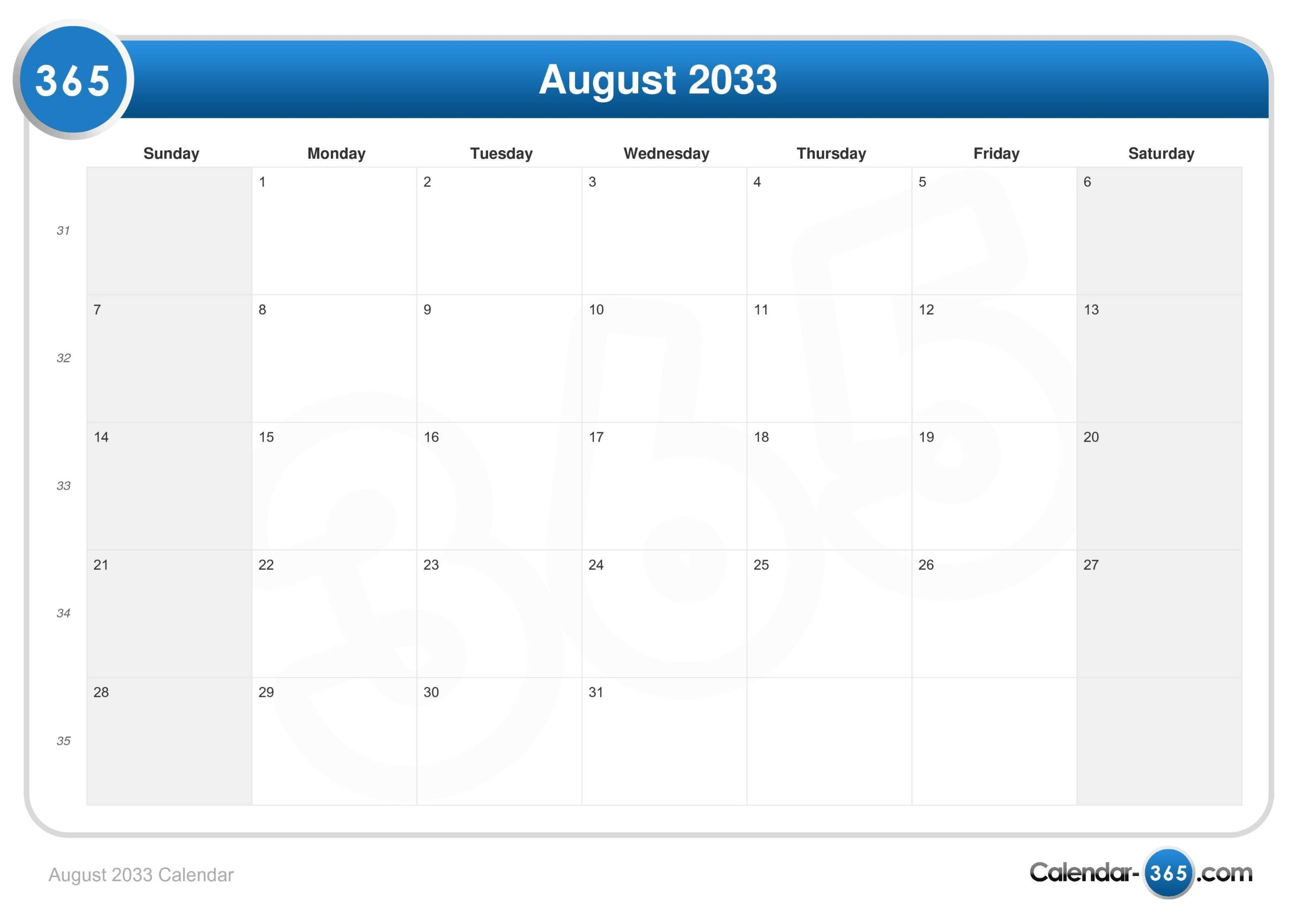 August 2033 Calendar