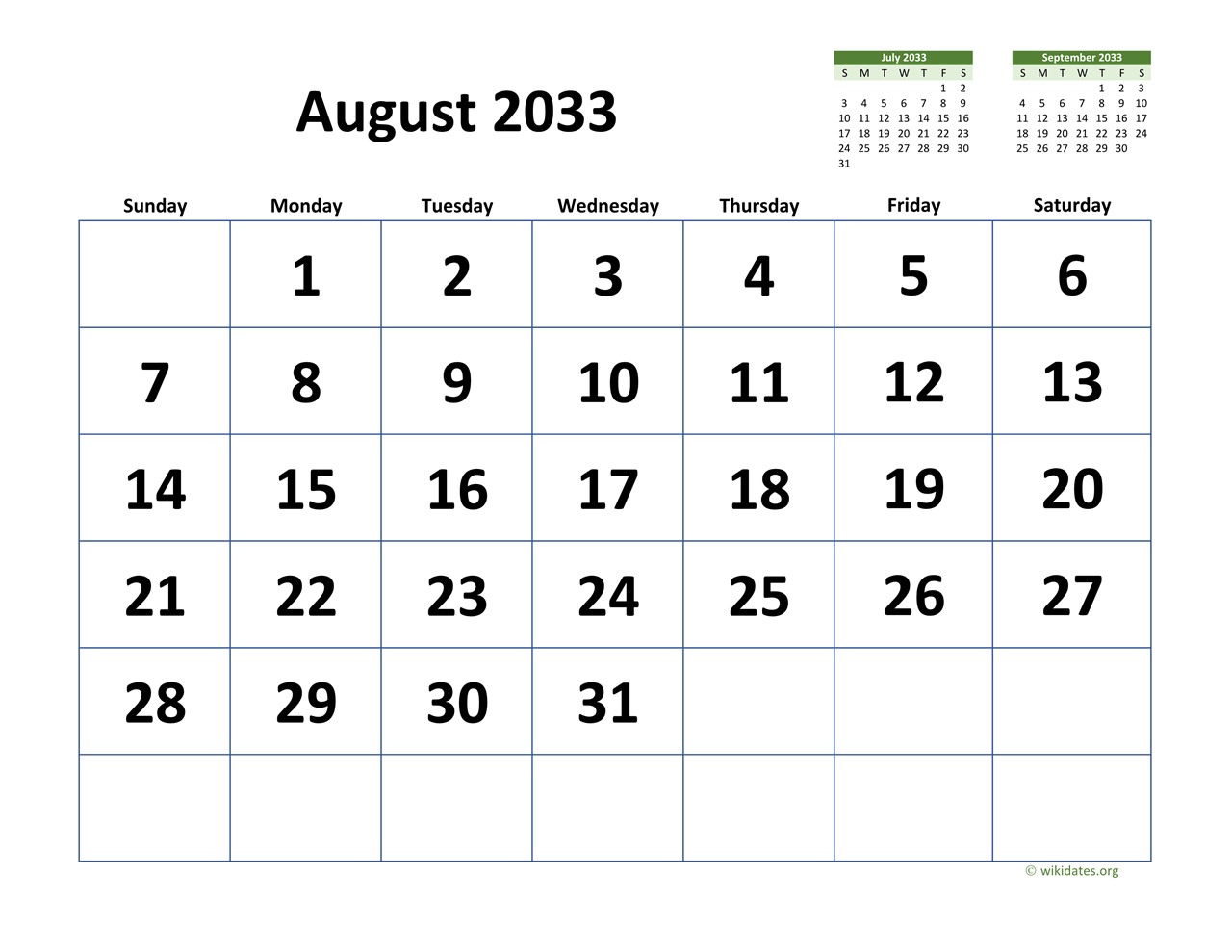 August 2033 Calendar With Extra large Dates WikiDates