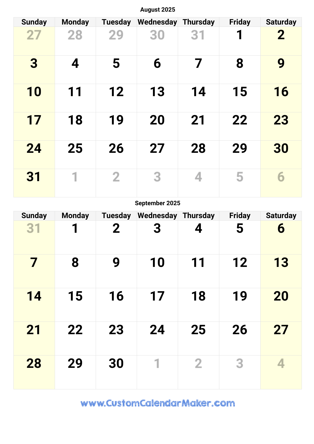 Printable Monthly Calendar August And September 2025