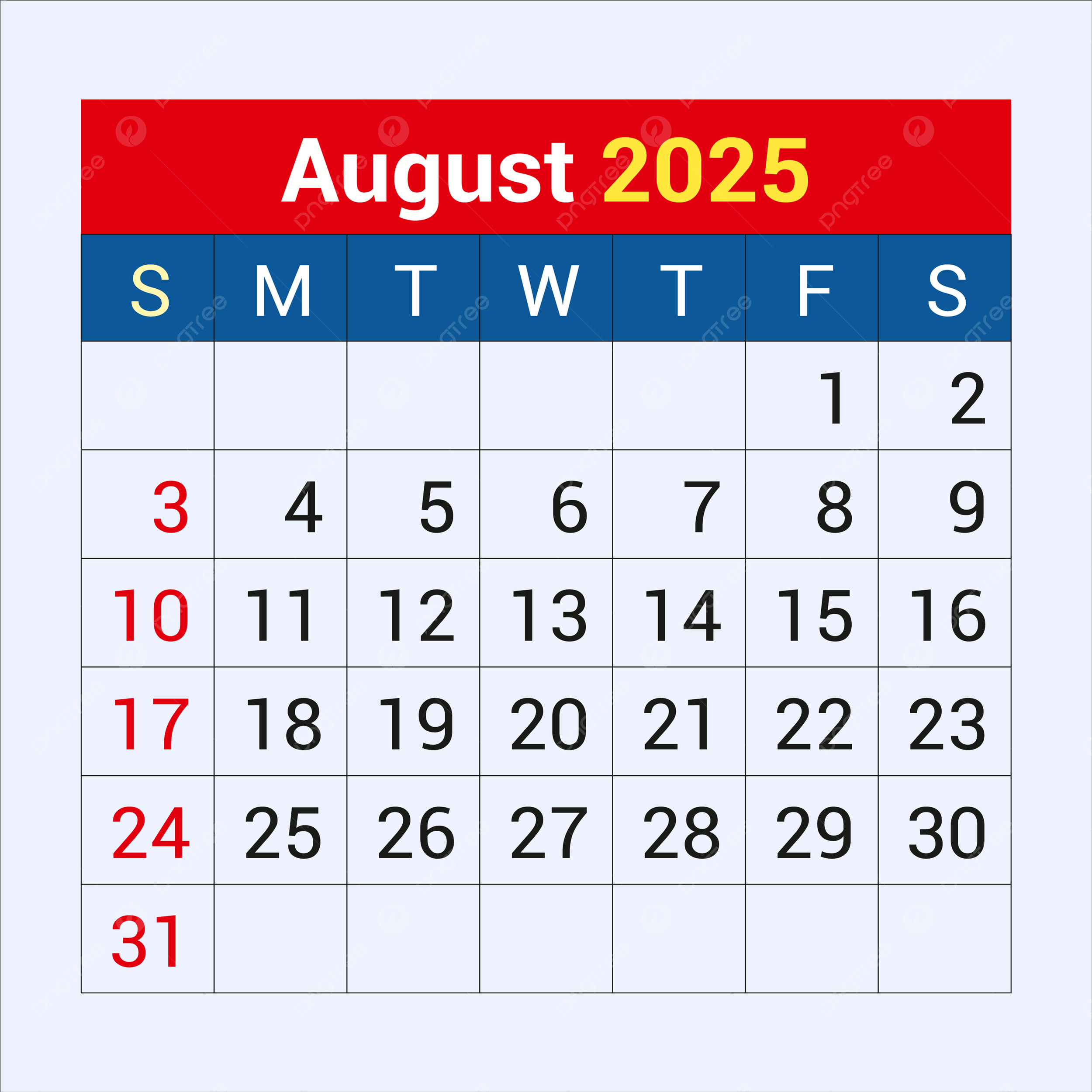 August Calendar Clipart 2025