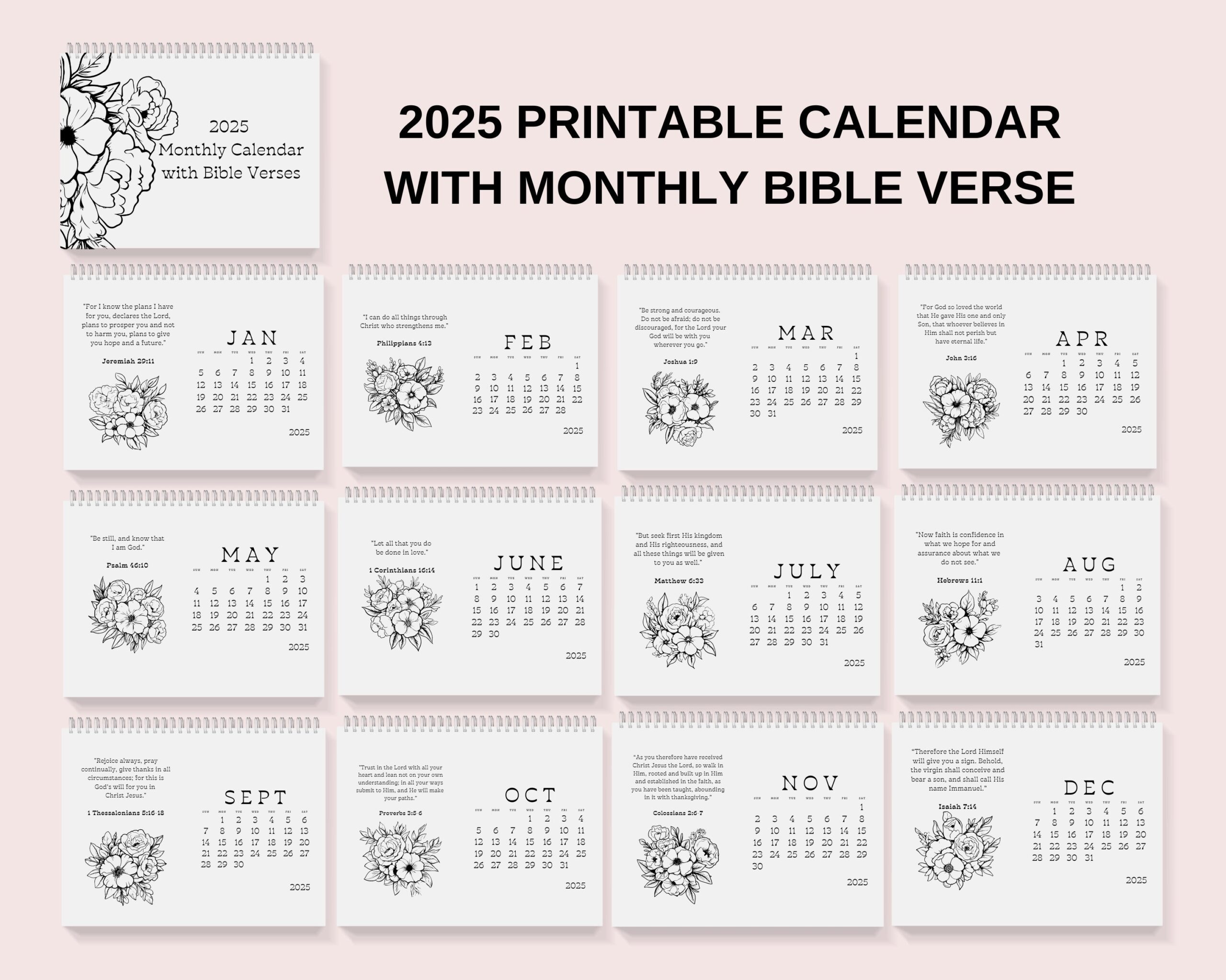 Bible Verse Digital Calendar 2025 Printable Line Art Flowers 