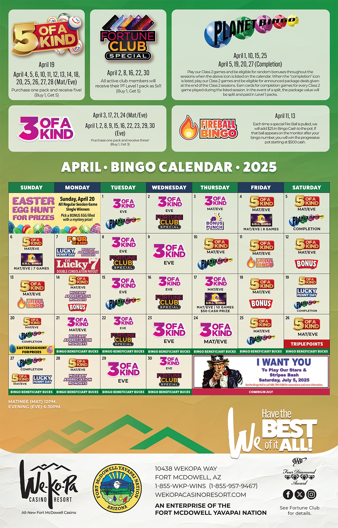 Turning Stone Bingo July Calendar 2025
