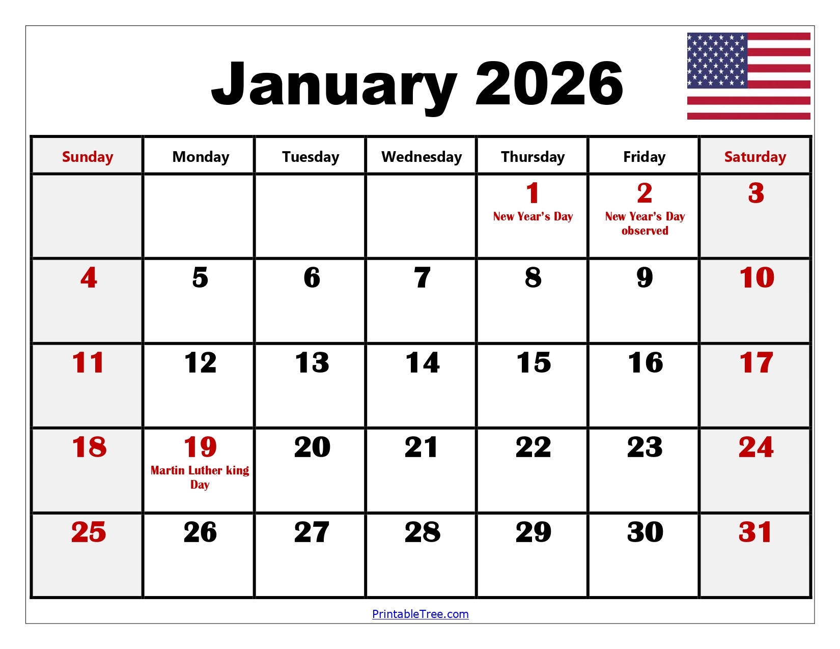 Weekly Calendar Printable January 2026