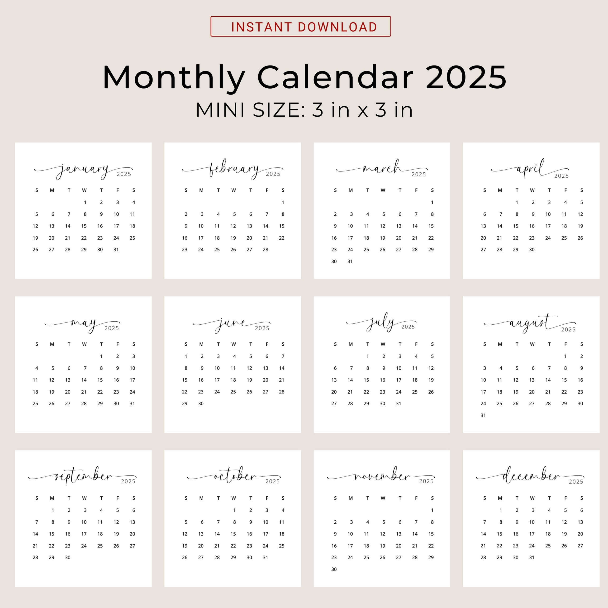 Buy 2025 3x3 Mini Calendar 2025 Calendar Card 2025 Pocket Calendar Elegant Printable Calendar Mini 3x3 Inch Calendar PDF Sunday U0026 Monday Start Online In India Etsy