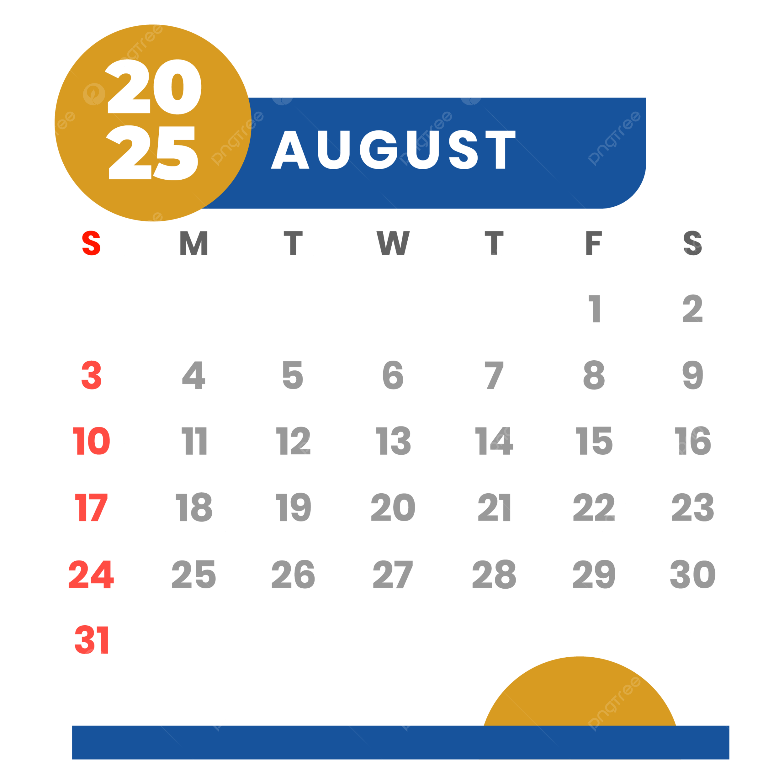Calendar 2025 August Vector Clipart Monthly Calendar 2025 