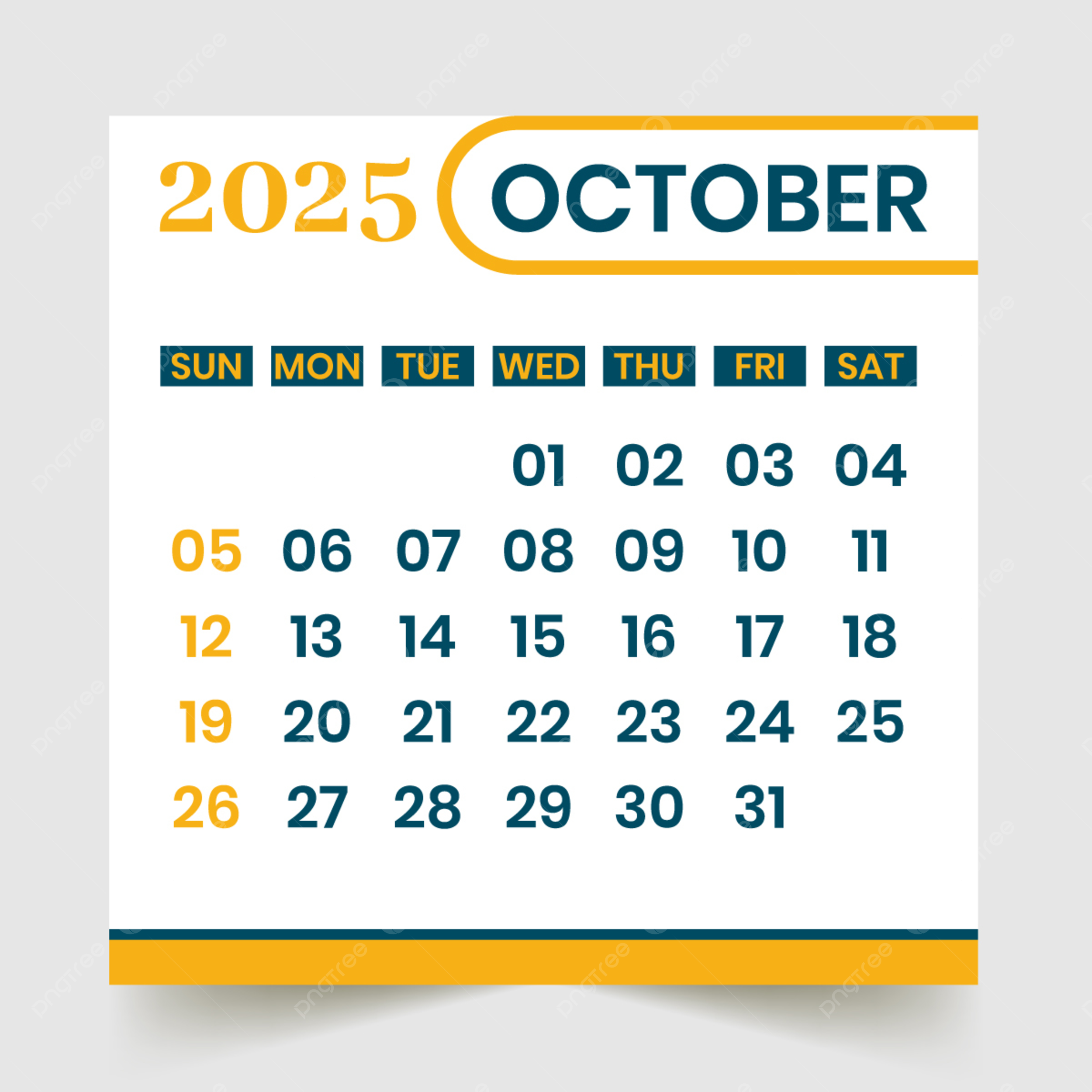 Calendar 2025 Month Of October Vector Template Download On Pngtree