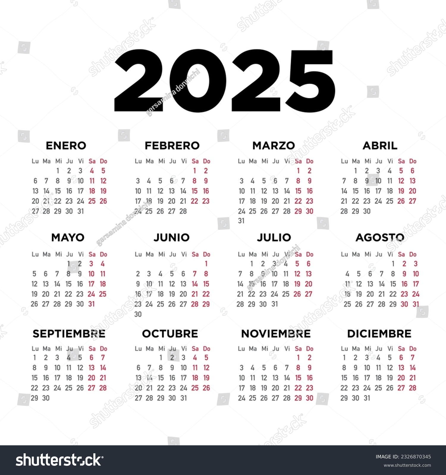 Calendar 2025 Spanish Week Starts On Stock Vector Royalty Free 2326870345 Shutterstock