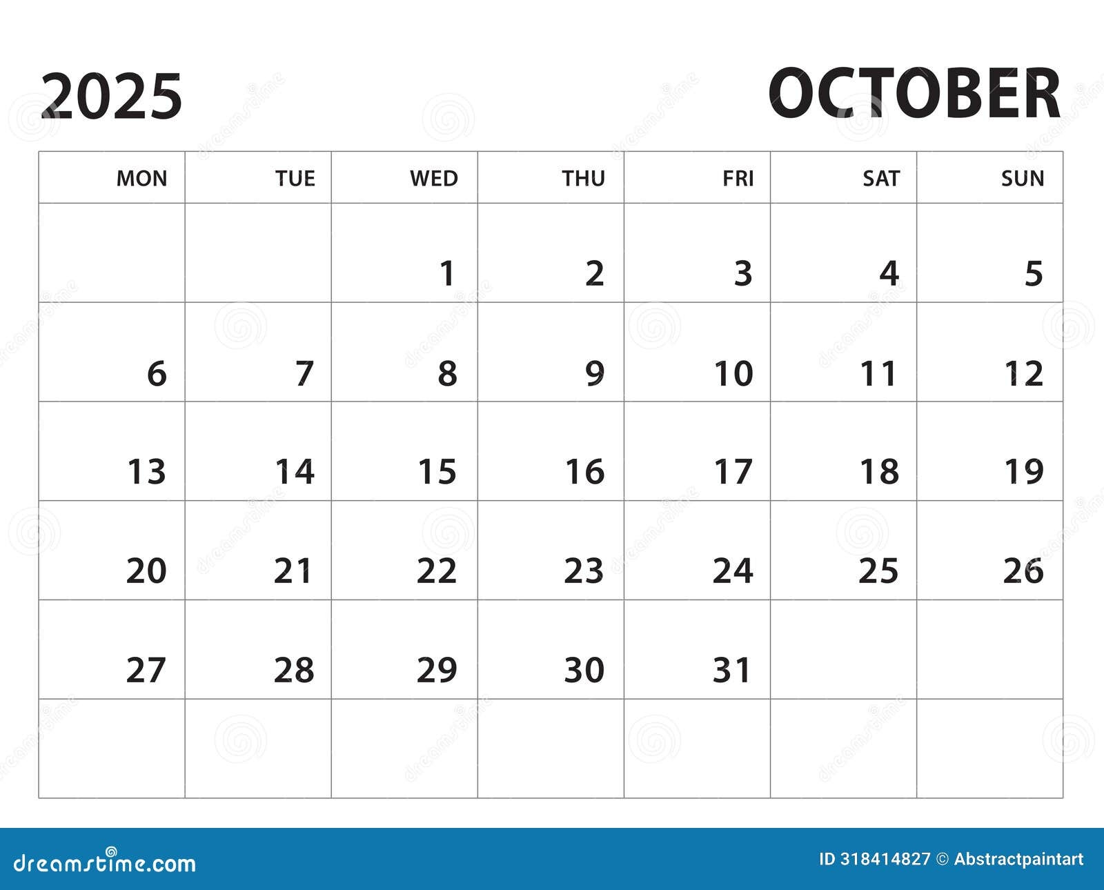 October Printable Calendar 2025 Monday Start