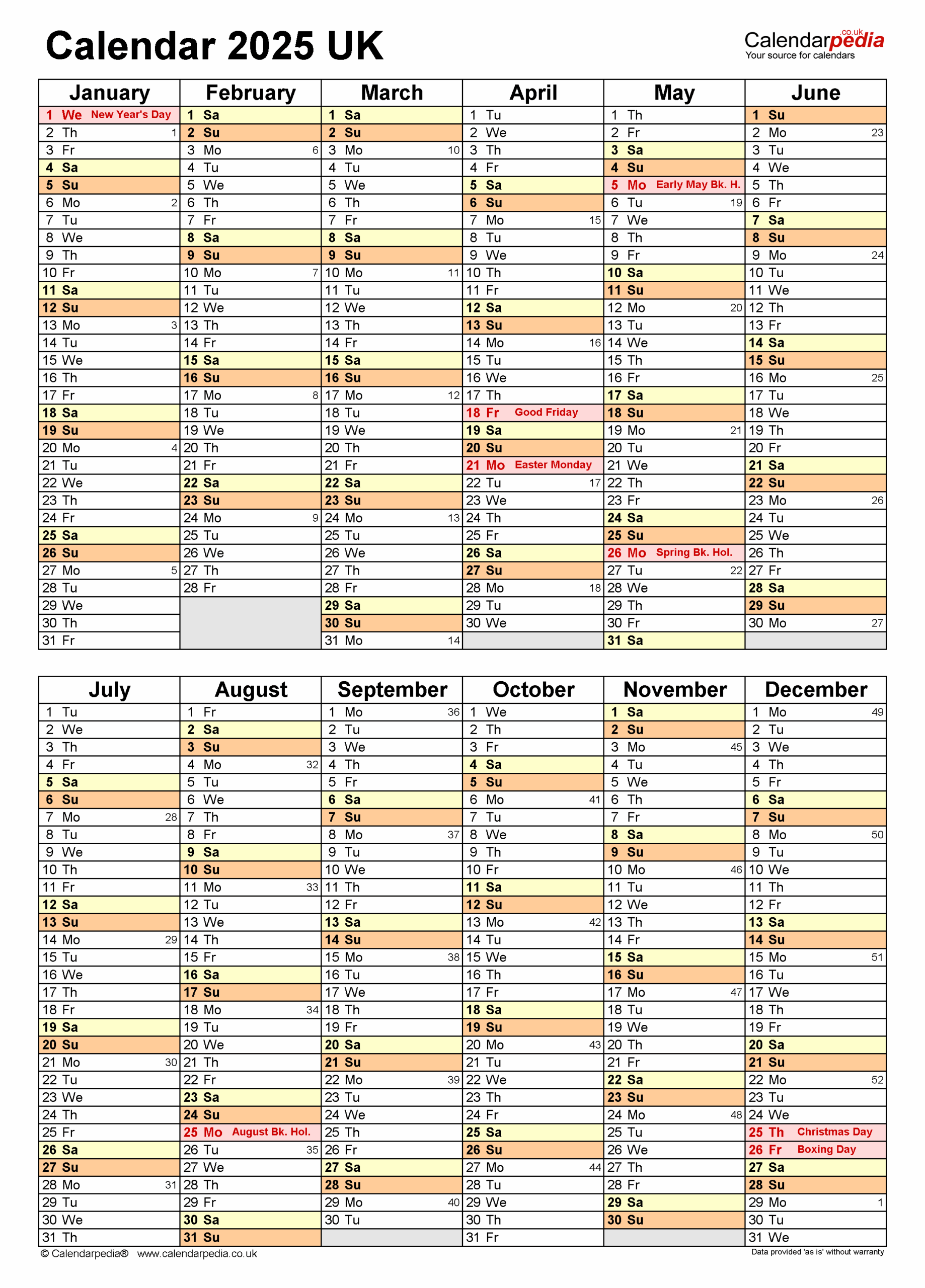 Calendar 2025 UK Free Printable Microsoft Excel Templates