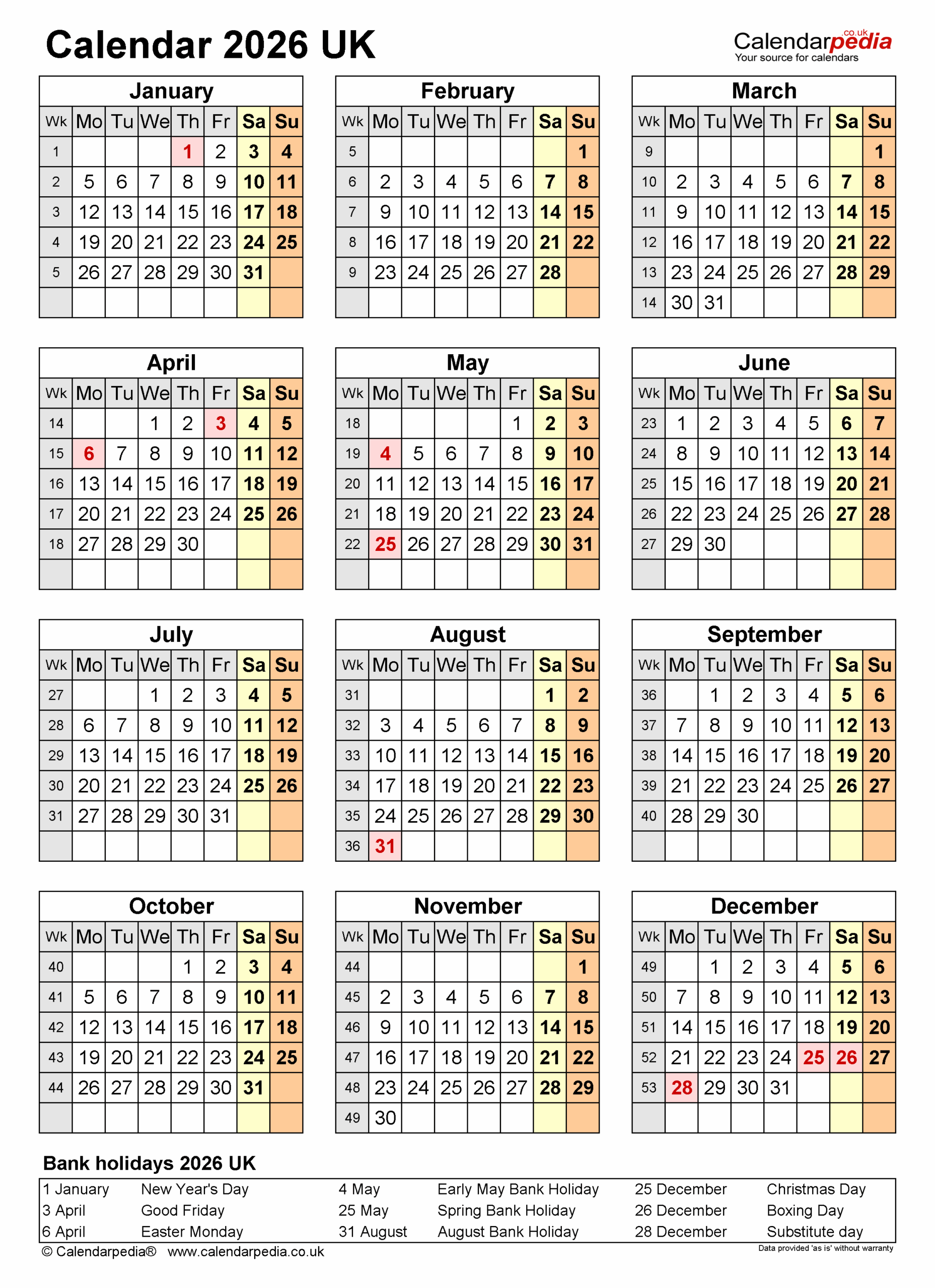Calendar 2026 UK Free Printable PDF Templates