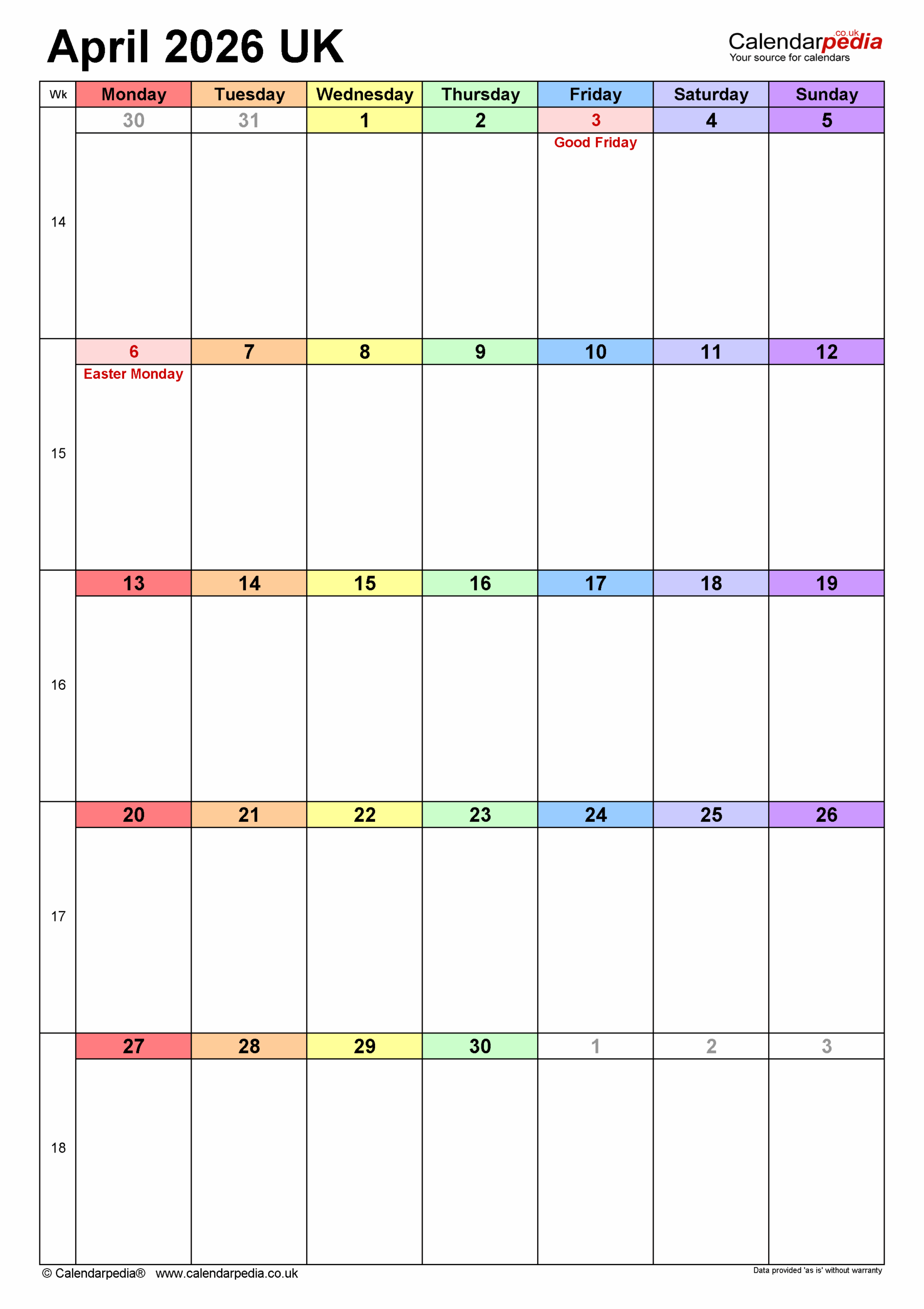 Blank April Calendar 2026 Printable