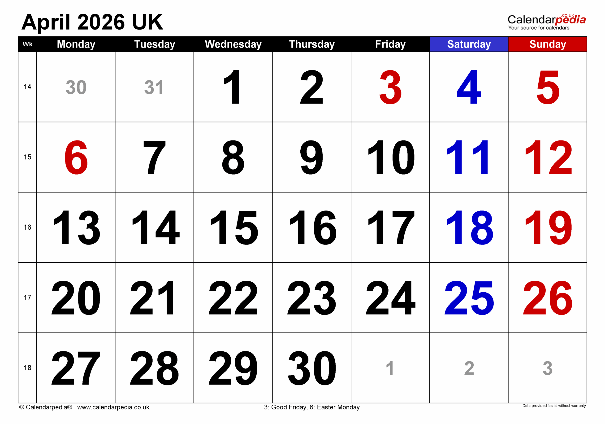 2026 April Calendar Free Printable