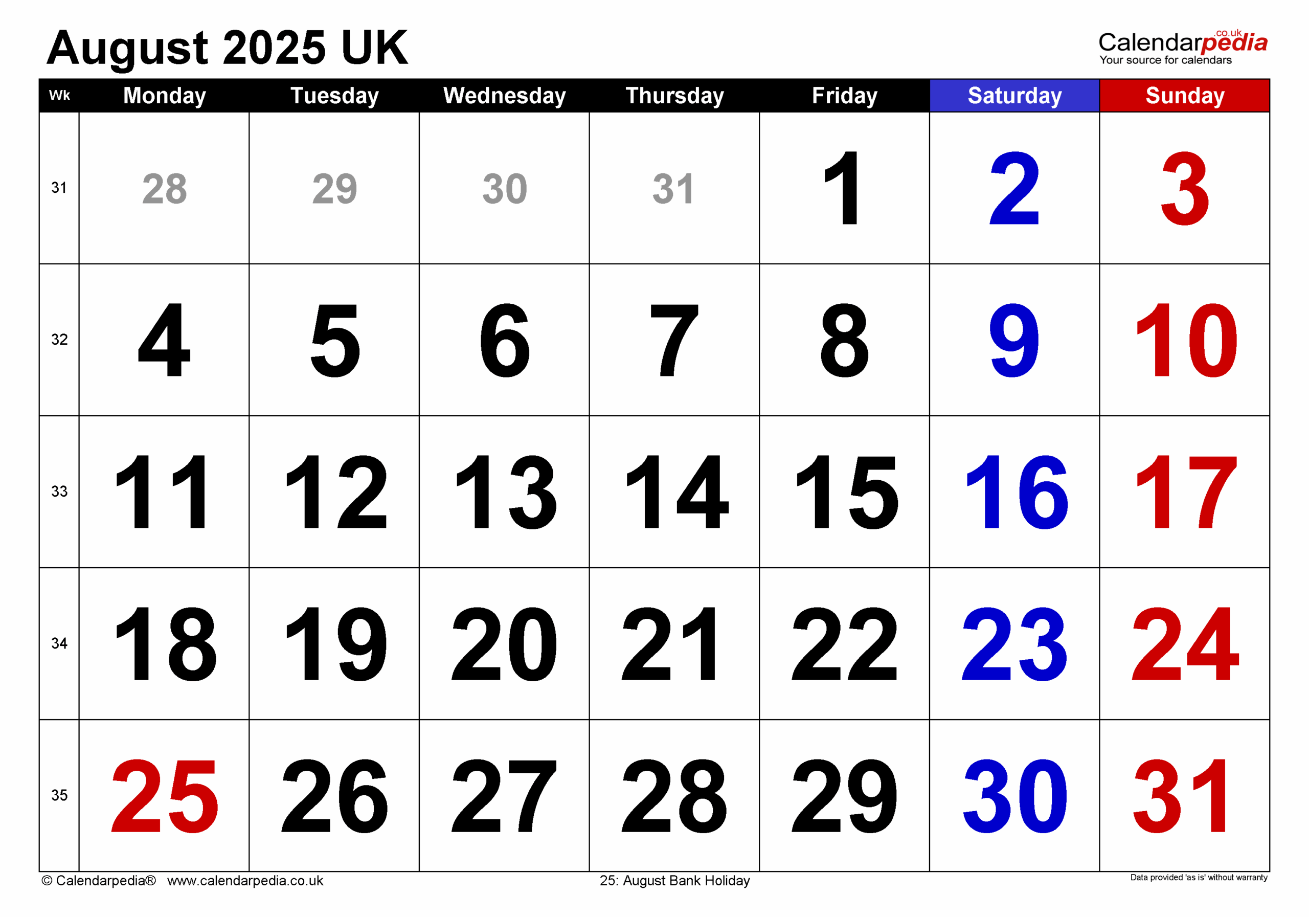Calendar Template August 2025