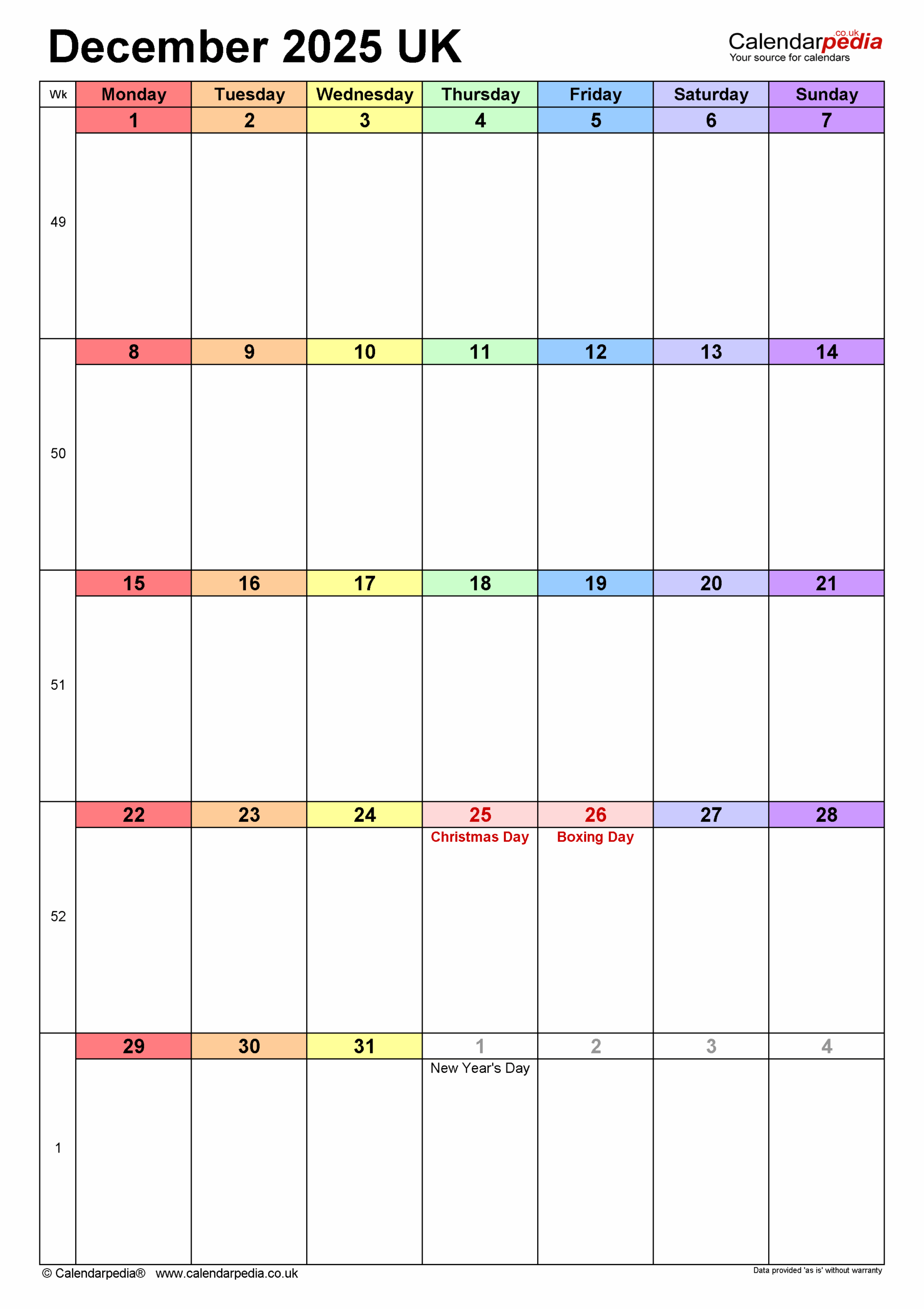 Blank December 2025 Portrait Calendar Printable