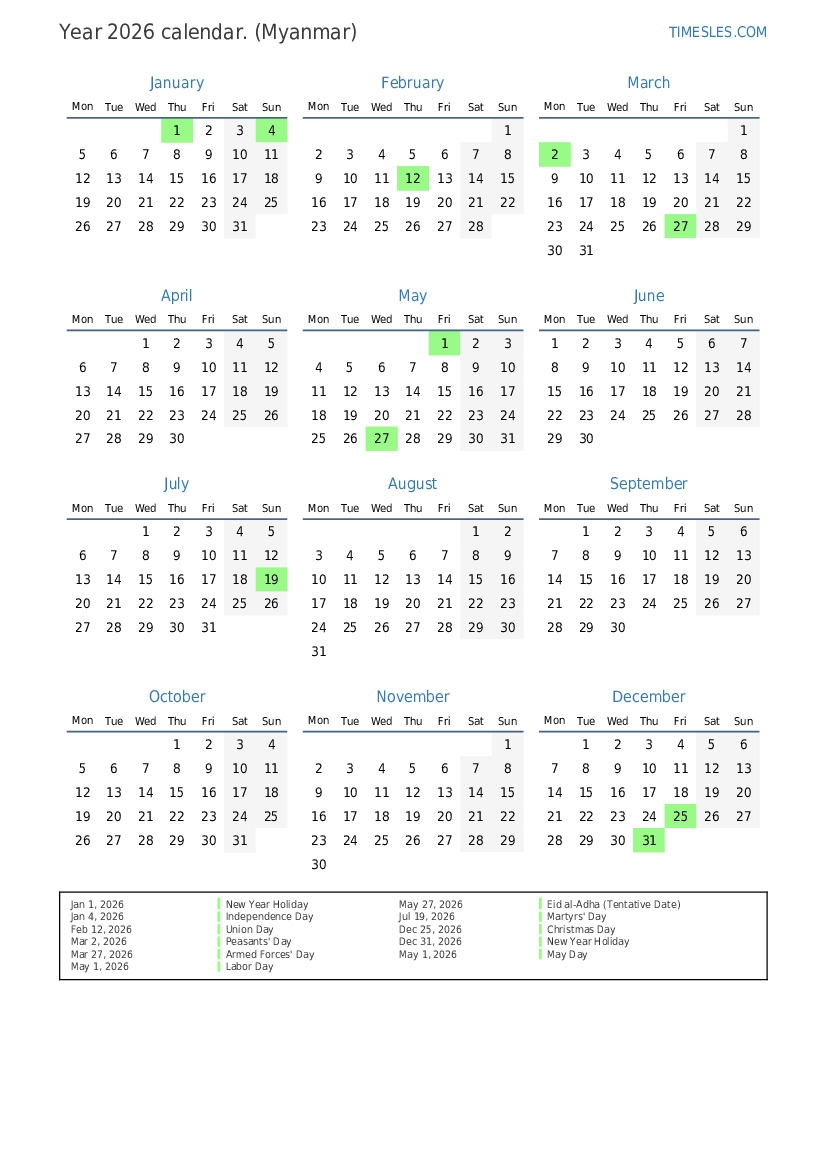 Calendar For 2026 With Holidays In Myanmar Print And Download Calendar