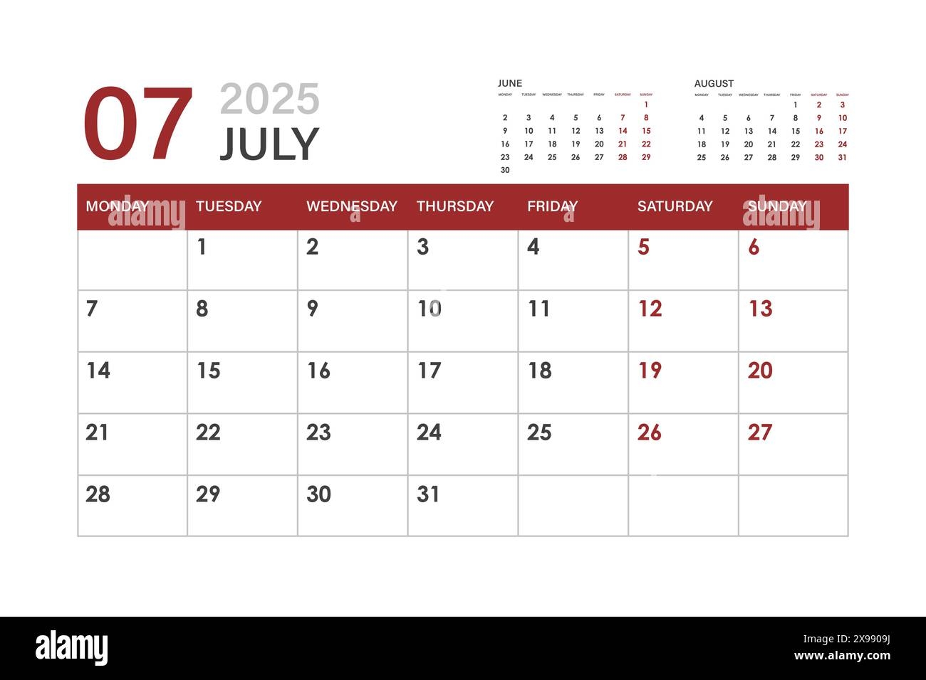 July 2025 Calendar Monday Start