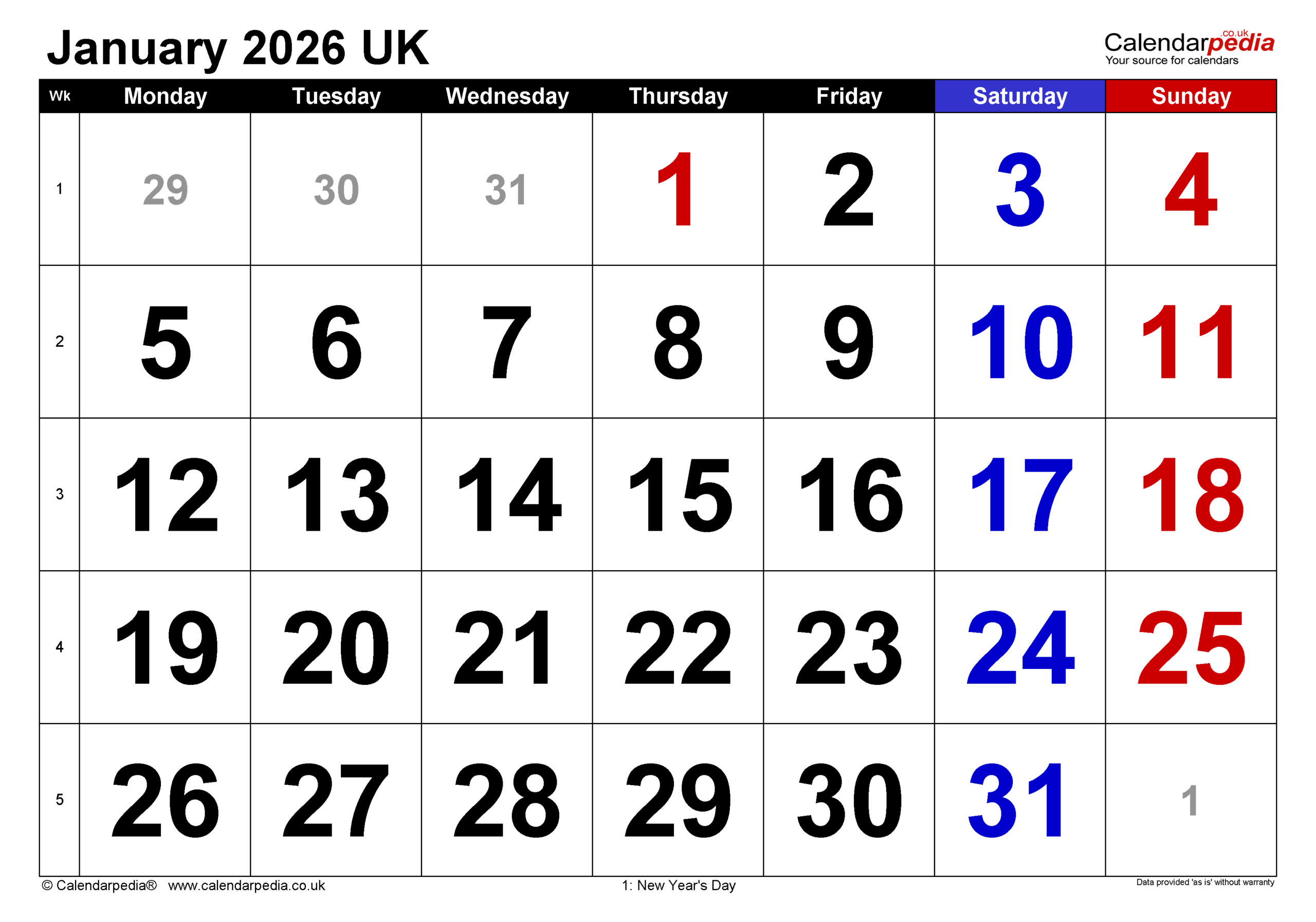 January Calendar Printable 2026
