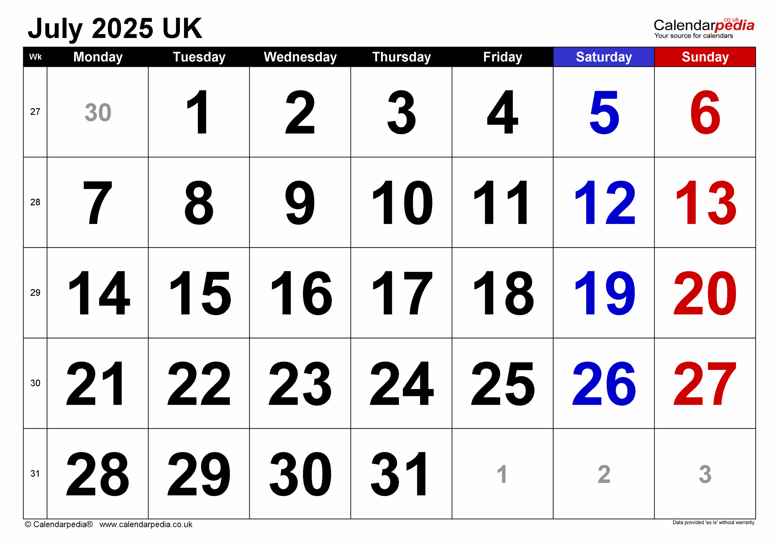 Calendar 2025 July Template
