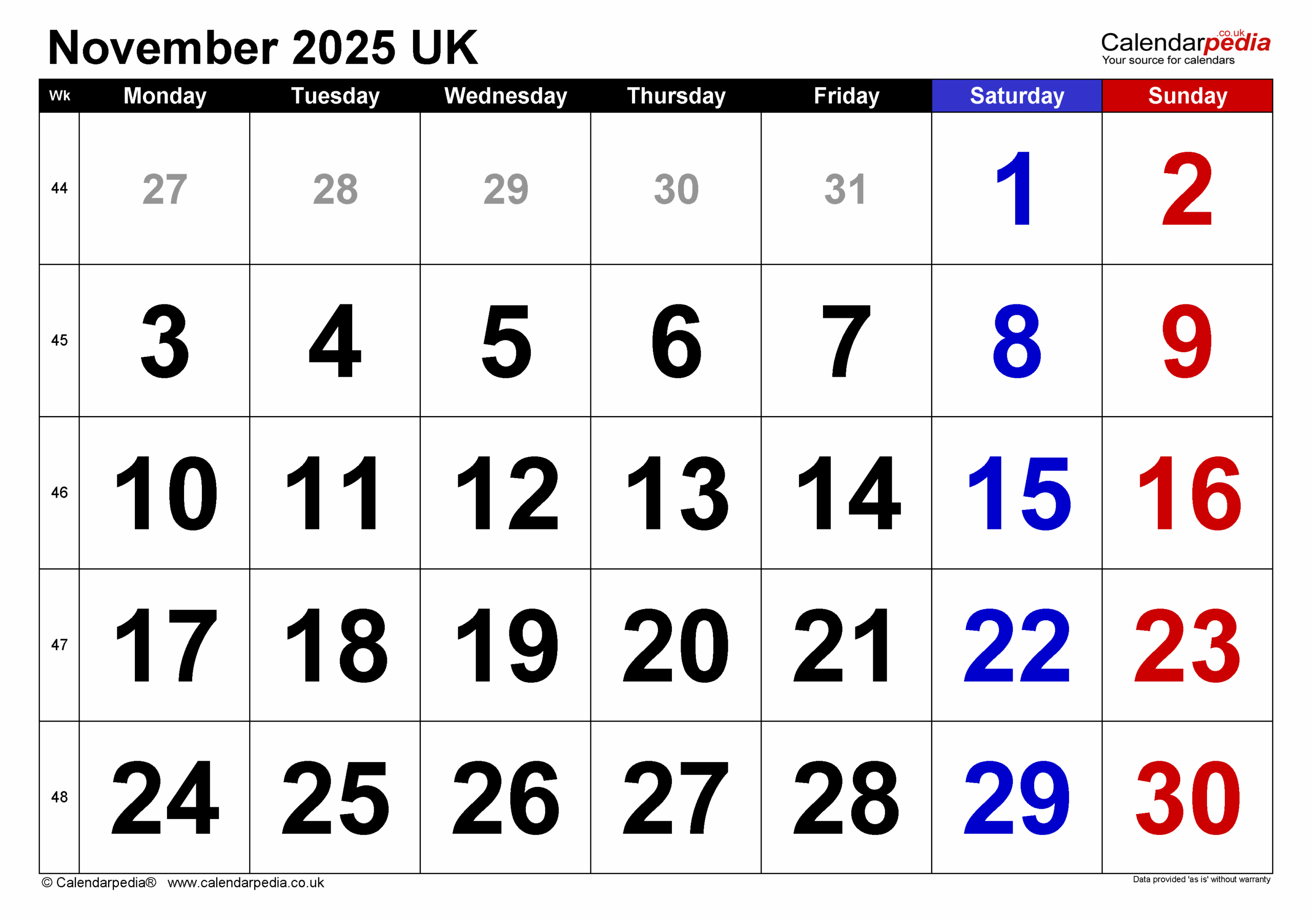 November 2025 Calendar Printable A4