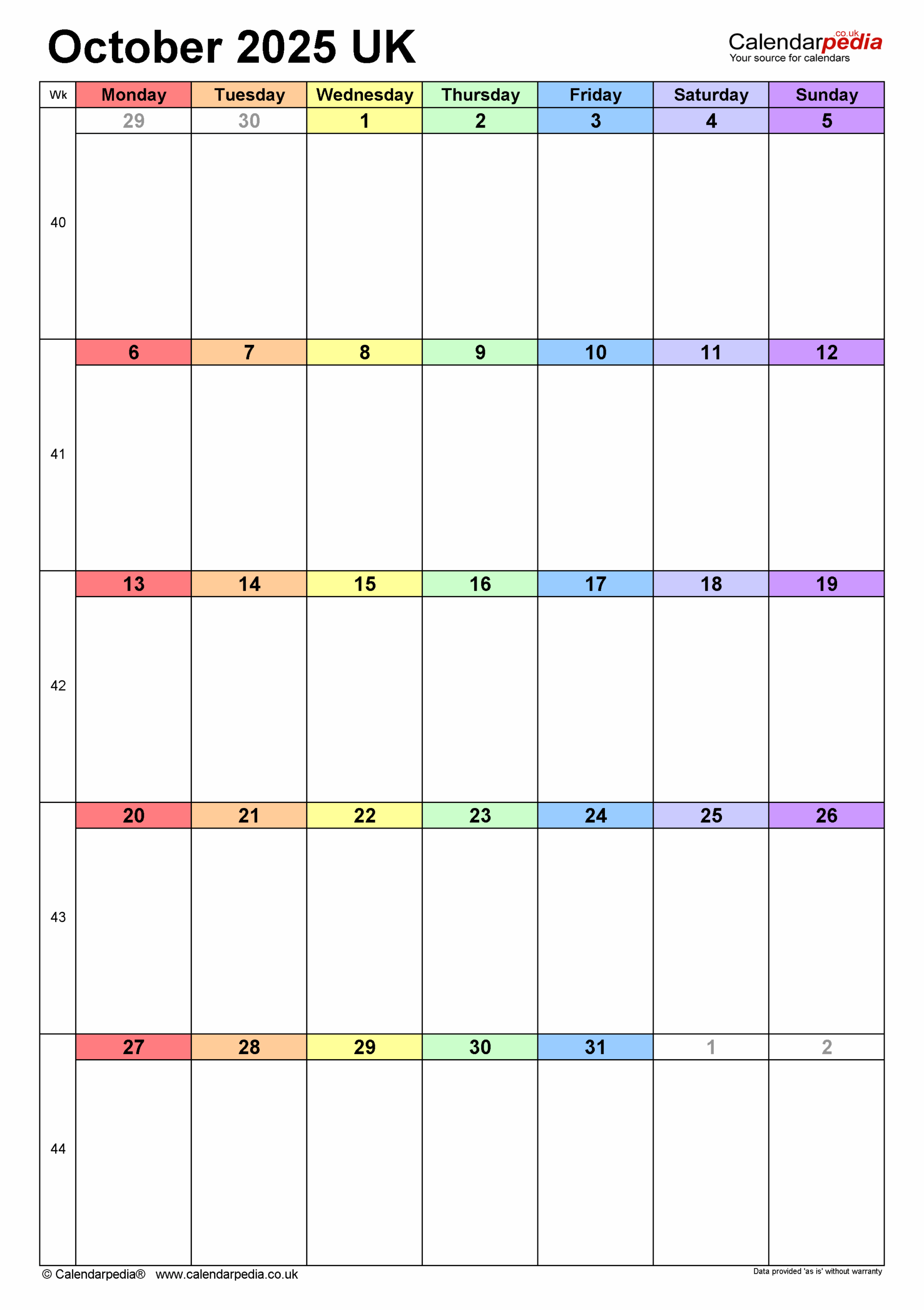 October 2025 Calendar Vertical Printable