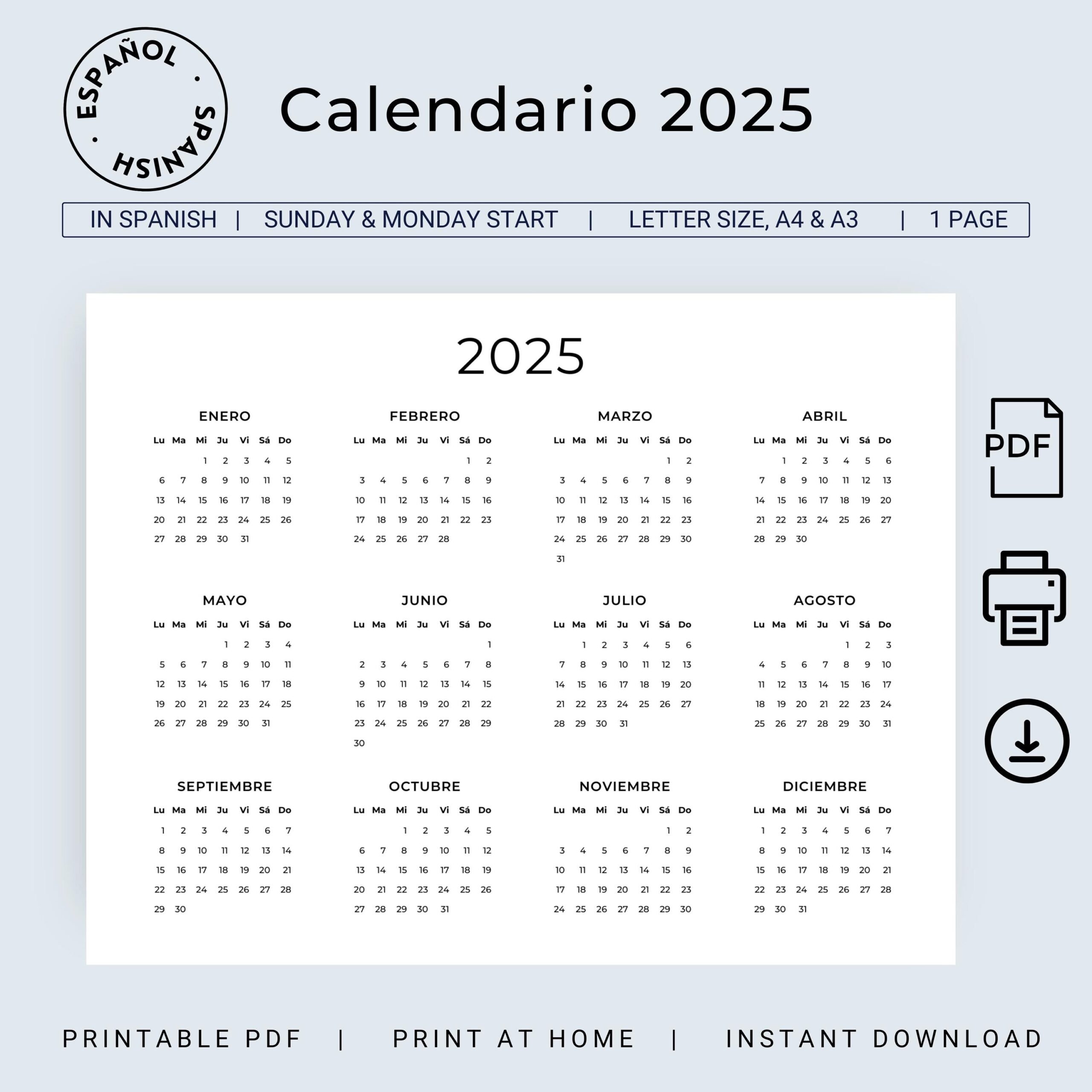 Calendario 2025 Espa ol Calendario 2025 Para Imprimir Calendario Orientaci n Horizontal Spanish Calendar 2025 Landscape A3 A4 US Letter PDF