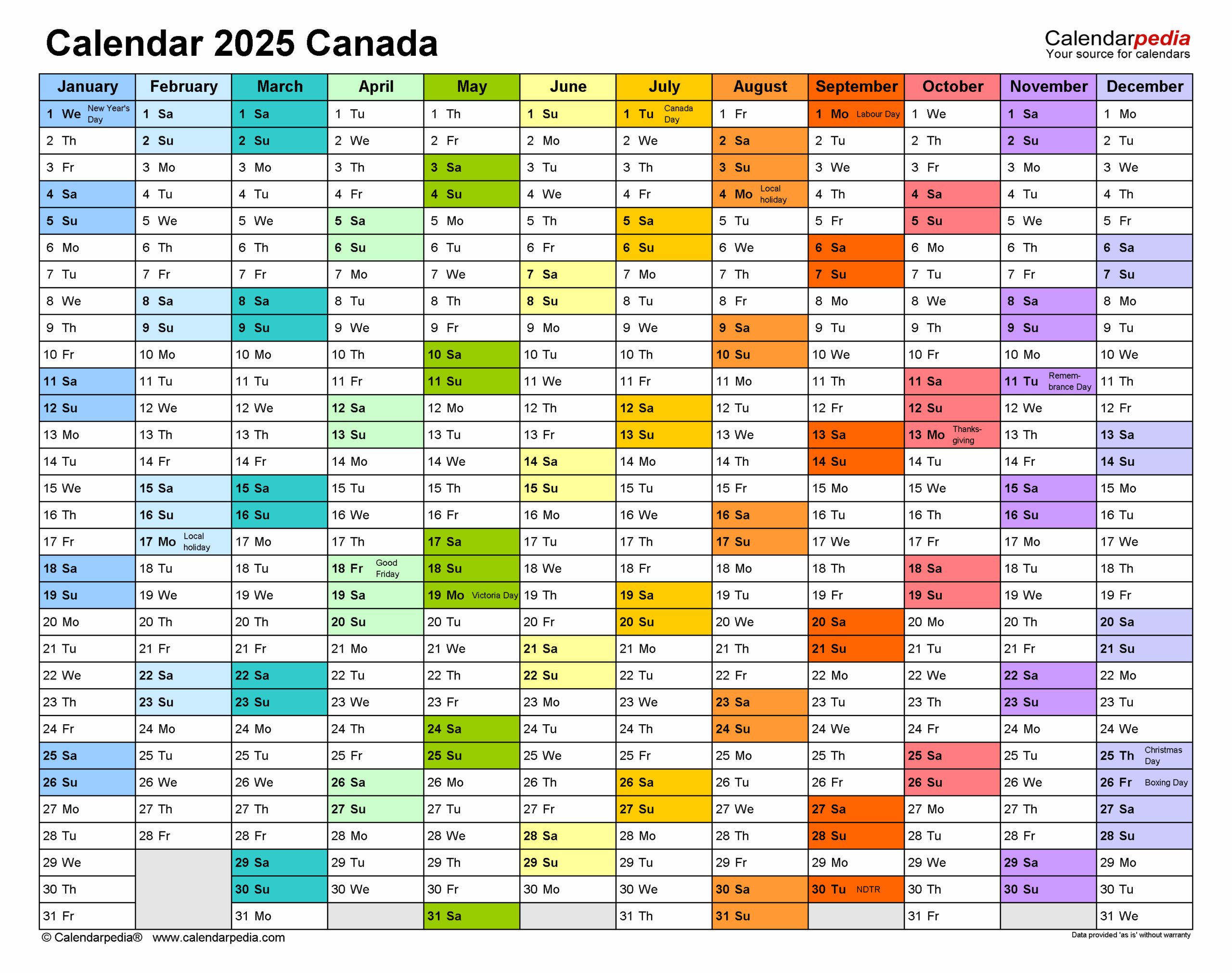 Free Printable 2025 Canadian Calendar With Holidays