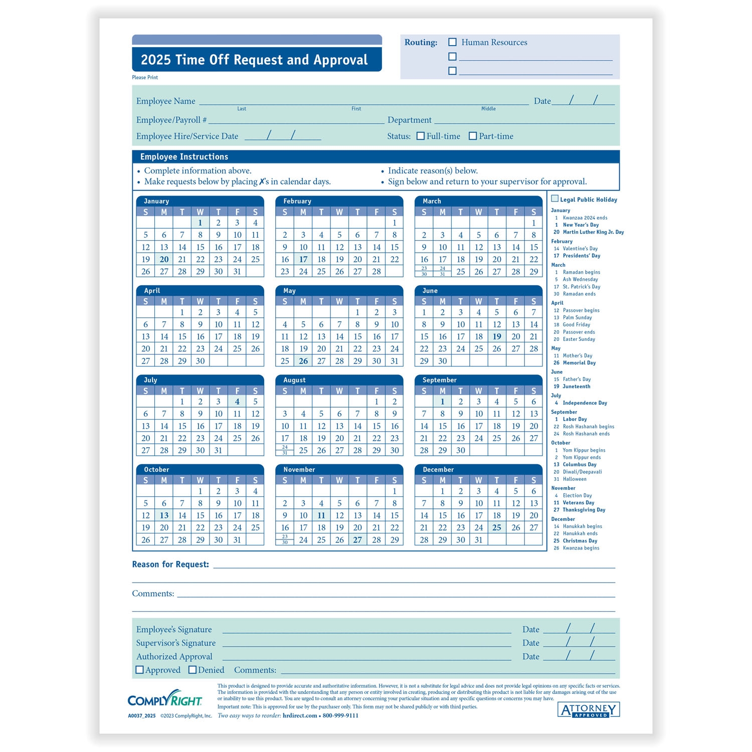 ComplyRightDealer 2025 Time Off Request U0026 Approval Calendar Pack Of 50