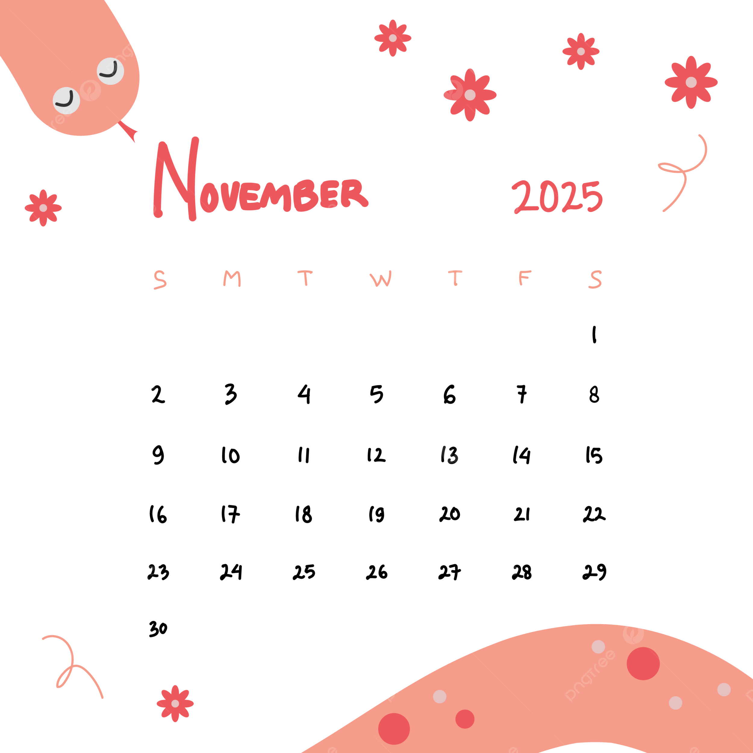 Cute Pink Serpent Snake Year November Calendar 2025 Vector November Calendar 2025 Snake Year PNG And Vector With Transparent Background For Free Download