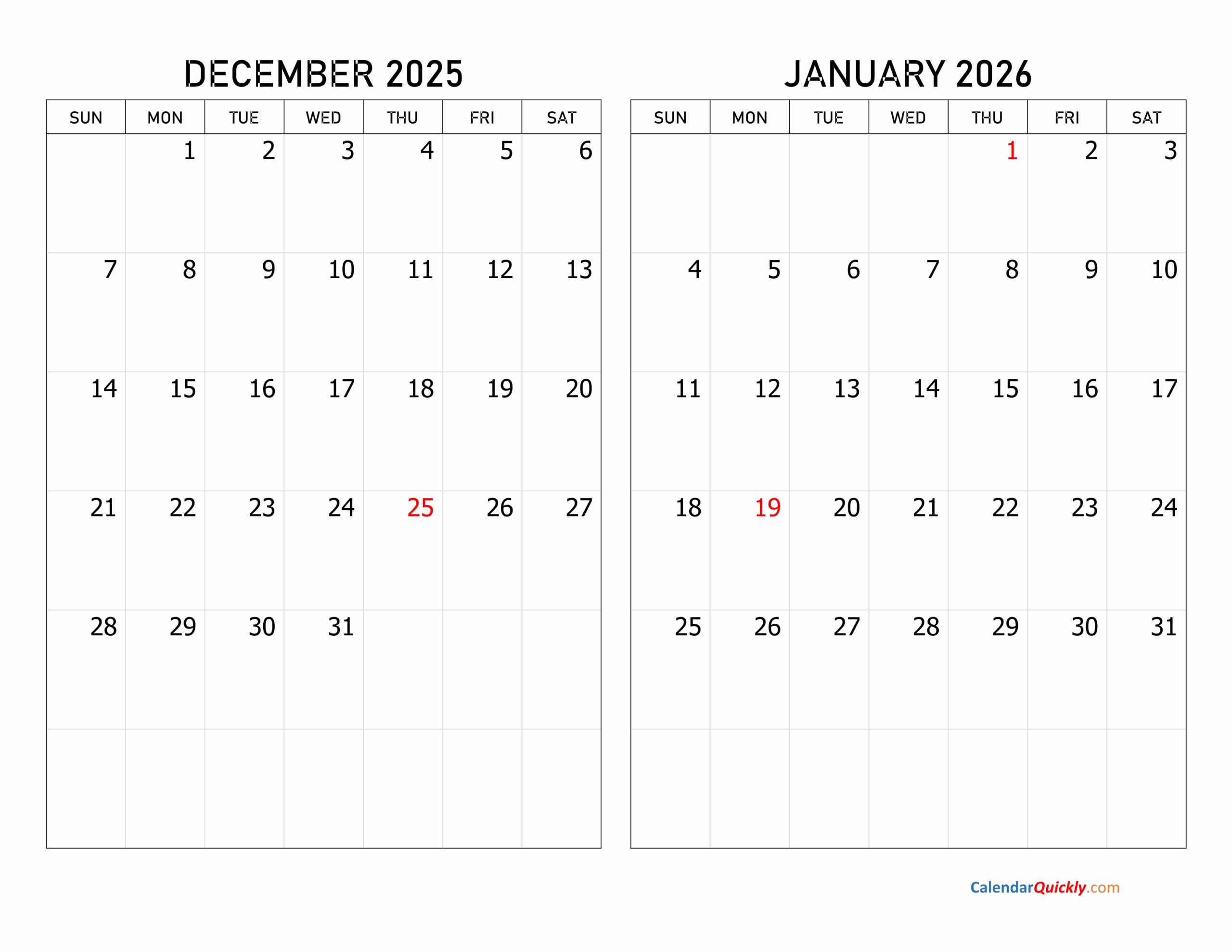 Printable Calendar December 2025 And January 2026