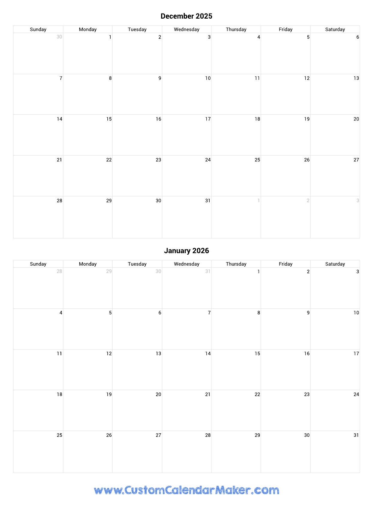 Printable 3 Month Calendar December 2025 January February 2026