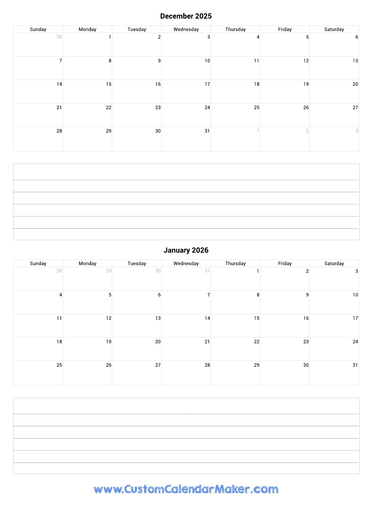 December 2025 Jan 2026 Calendar Printable