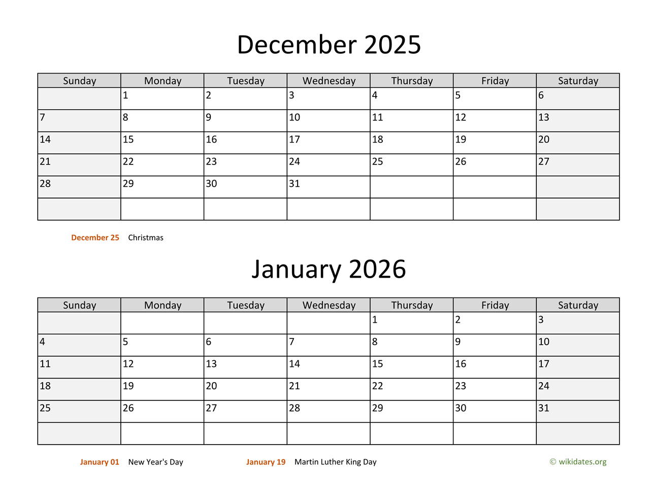 Calendar End Of December 2025 And Beginning Of January 2026 Printable
