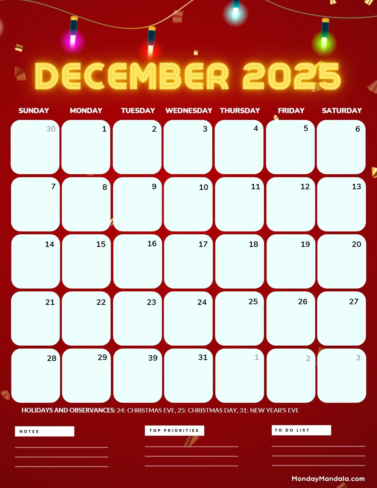 December 2025 Calendar Printable Christmas