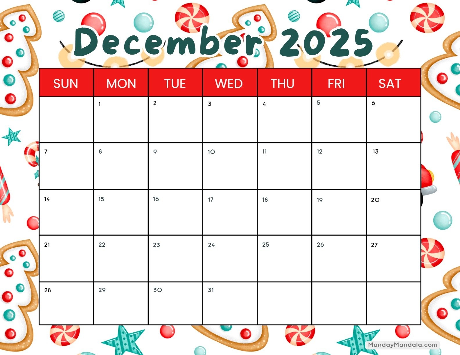 Calendar 2025 December Printable