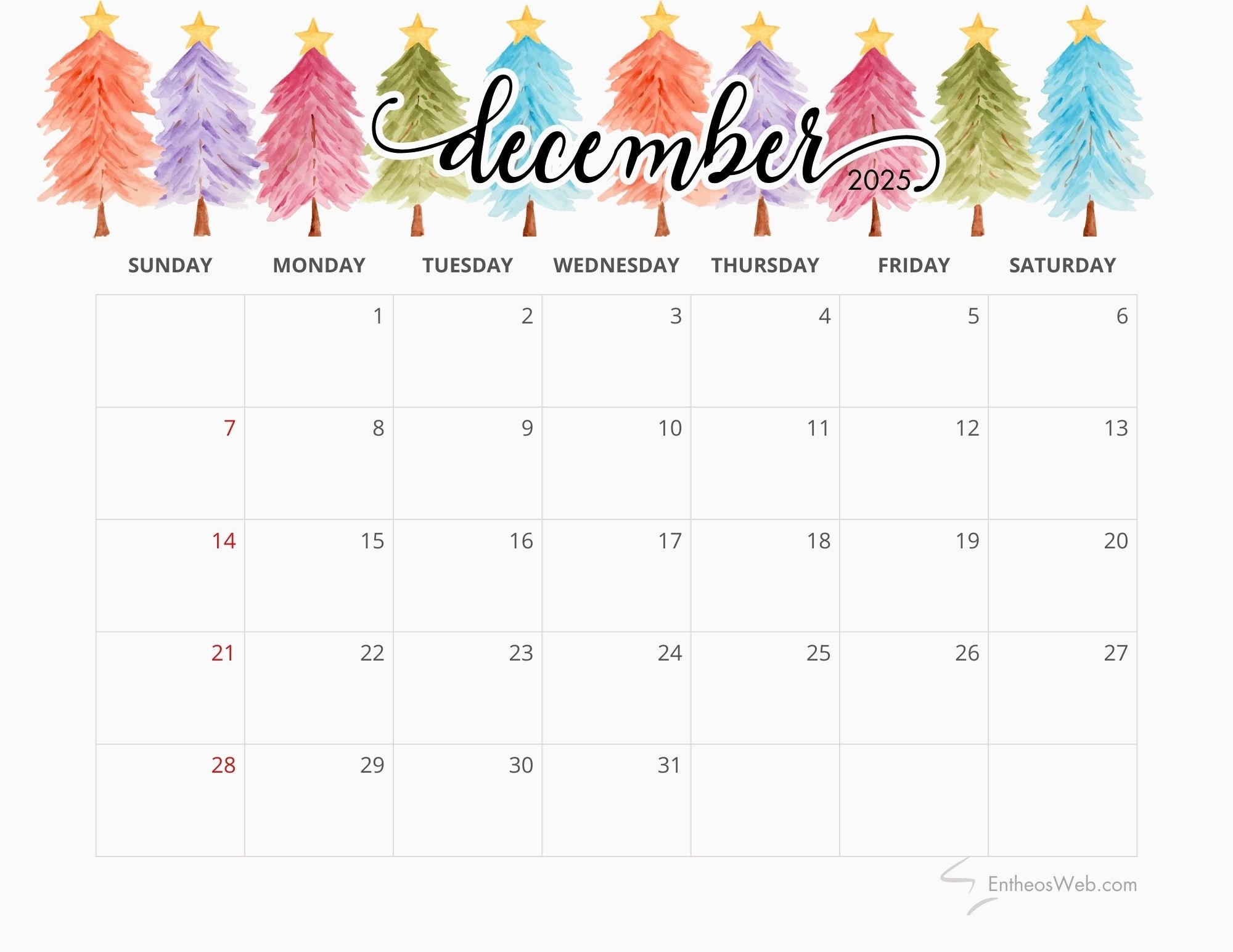 Christmas Calendar December 2025 Printable