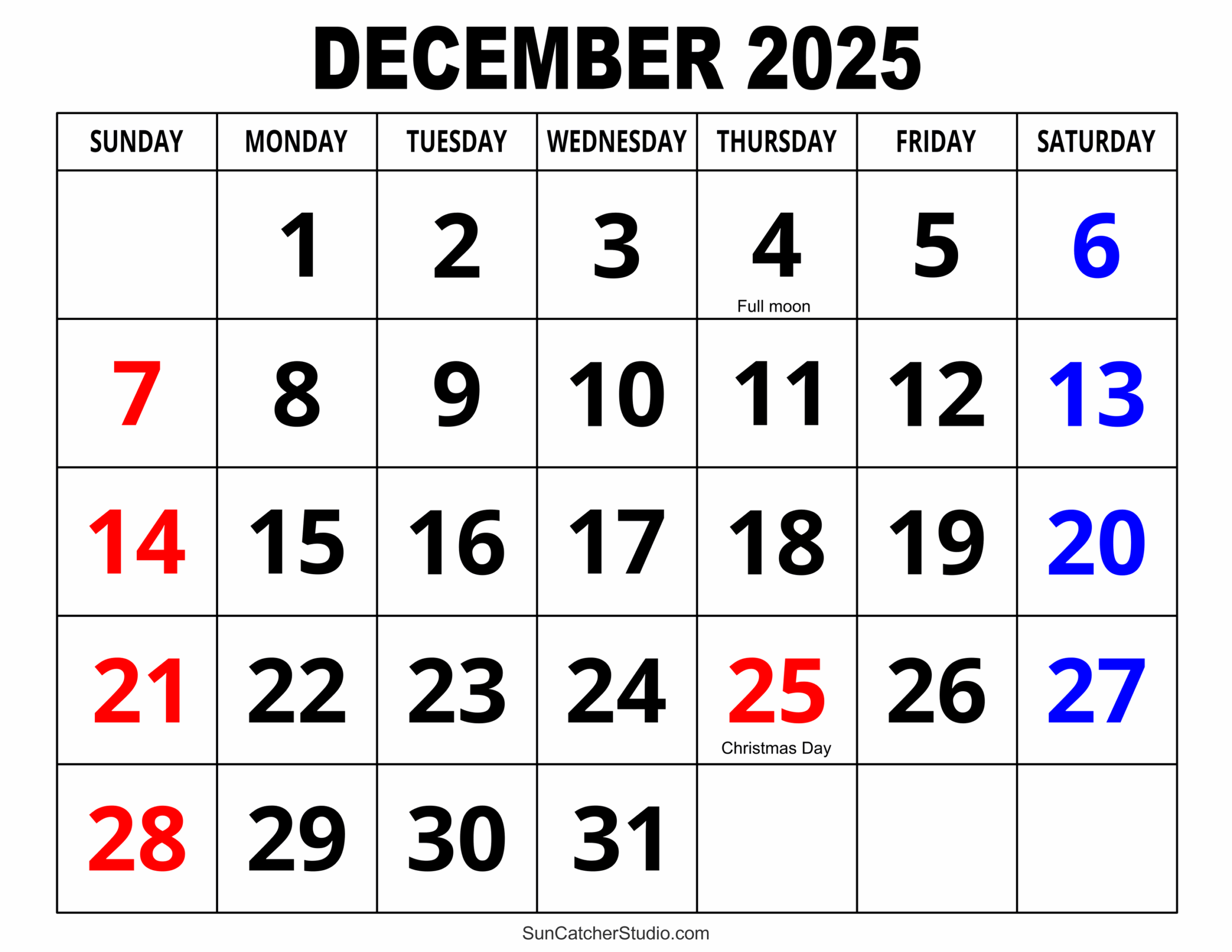 2025 December Calendar 8 5x11 Horizontal Printable