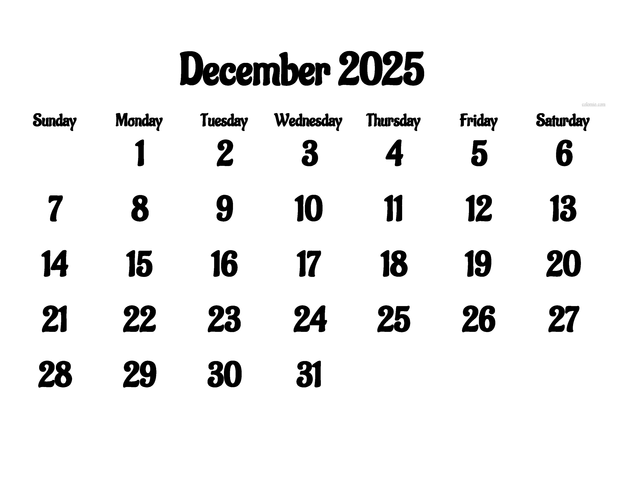 2025 December Calendar Printable Piglet