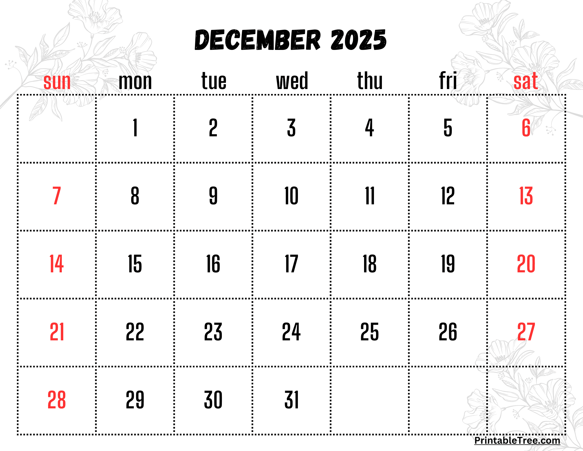 December 2025 Printable Calendar Landscape