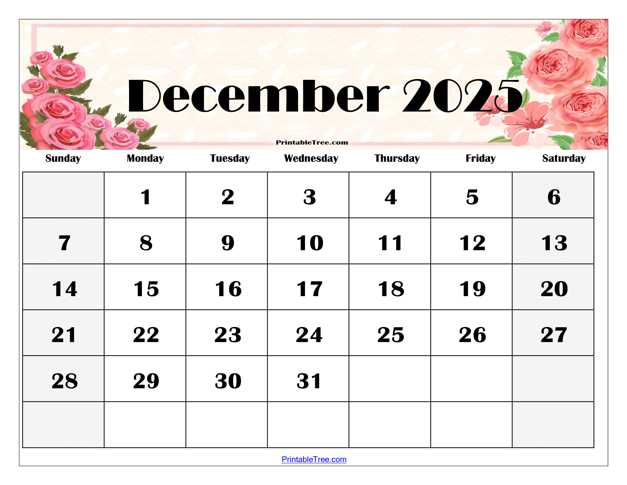December Printable Calendar 2025 Free