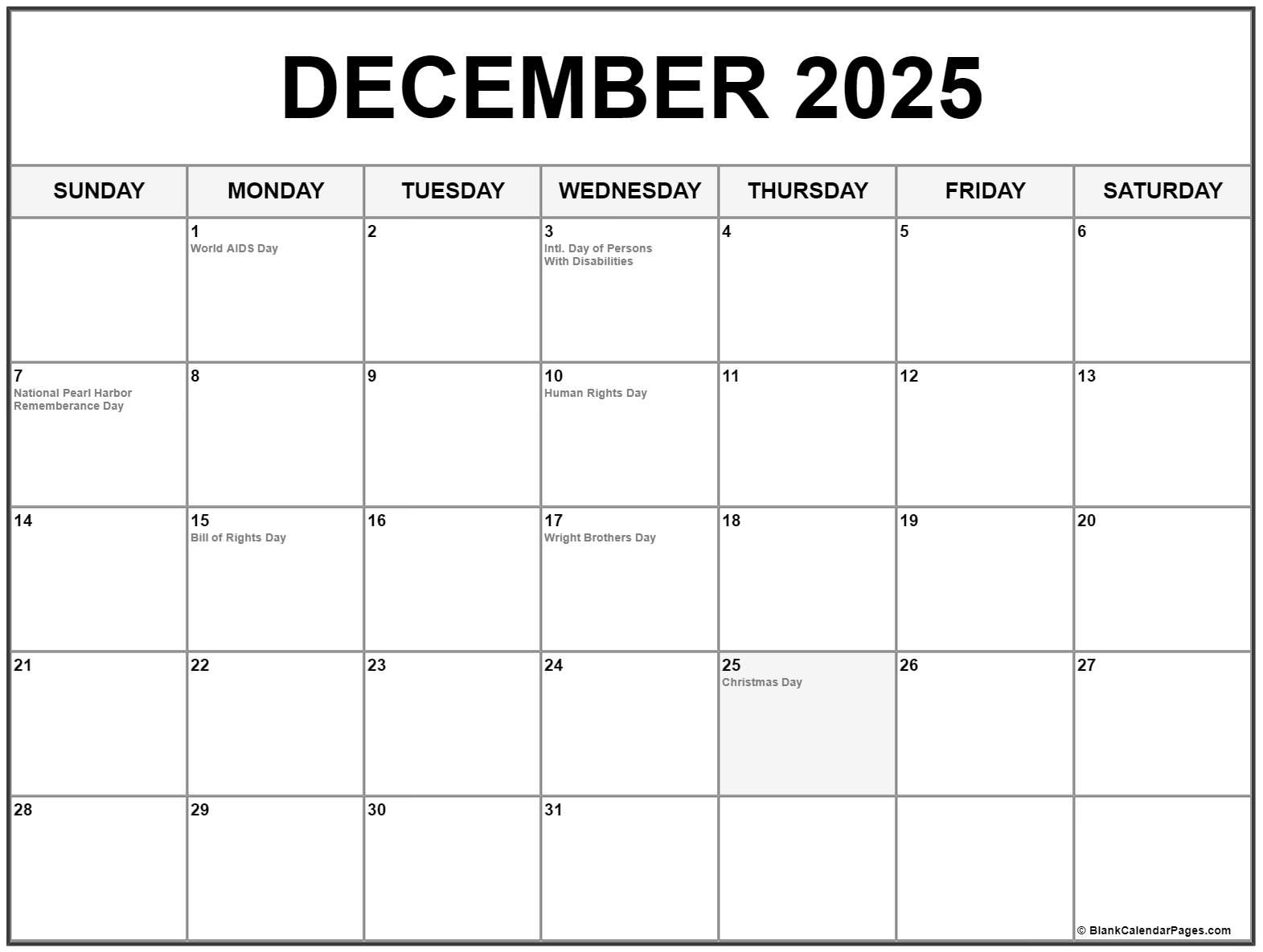 December 2025 Calendar Holidays Printable