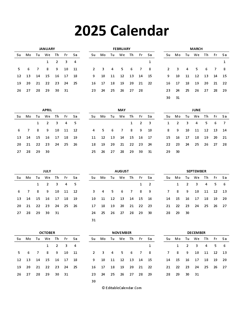 Download 2025 Free Printable Calendar Editable PDF Version 