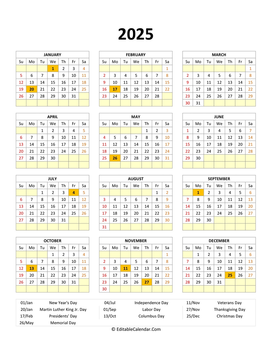 Editable 2025 Calendar With With Holidays
