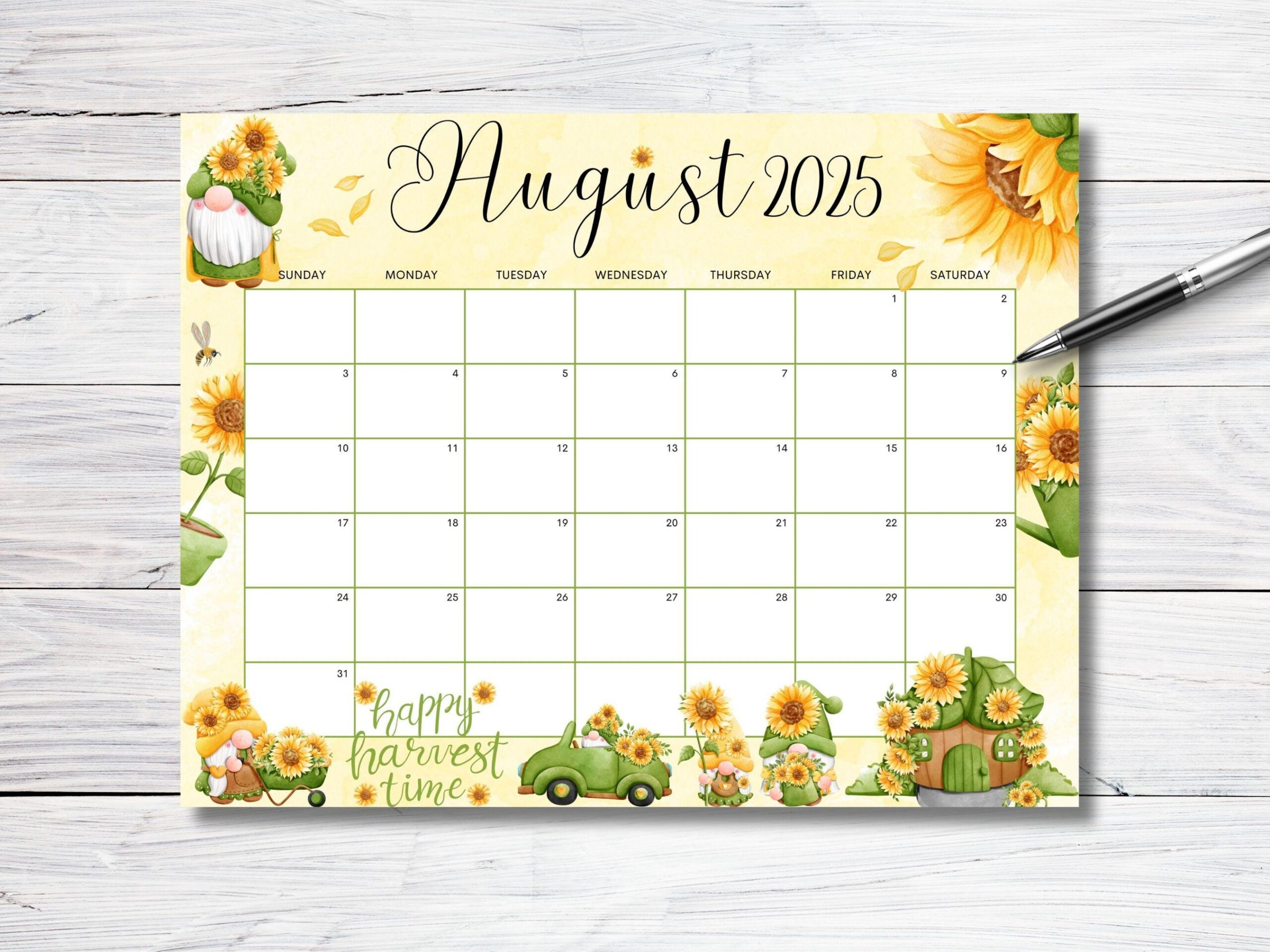 EDITABLE August 2025 Calendar Sunflower Gnome Garden Planner