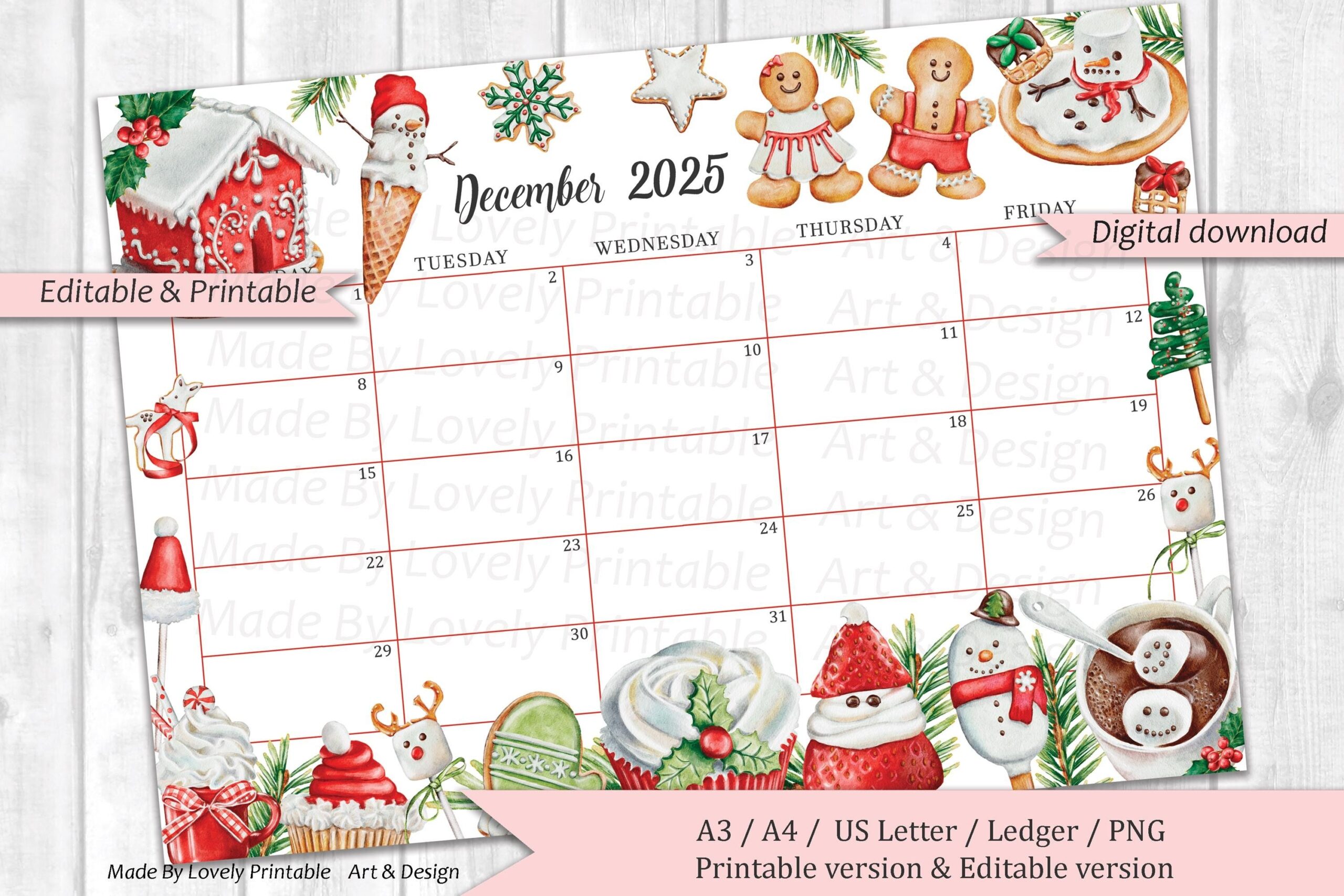 EDITABLE December 2025 Calendar Christmas Sweets U0026 Drinks 
