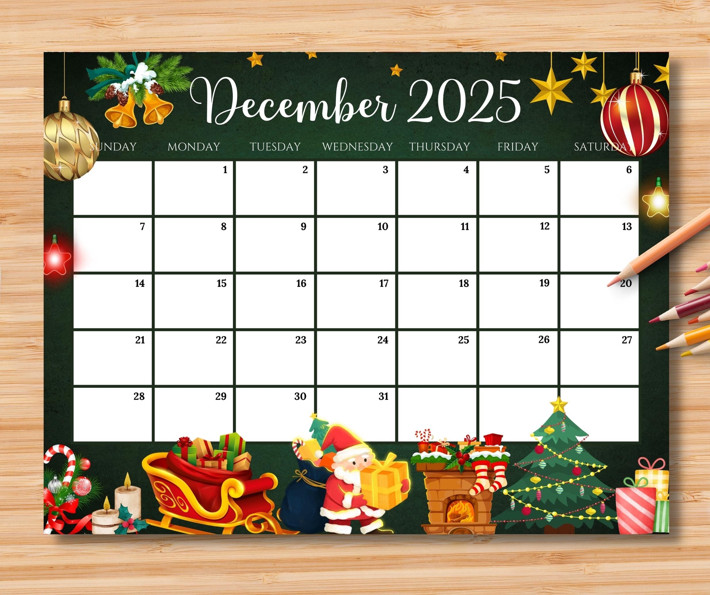 EDITABLE December 2025 Calendar Gorgeous Christmas W Santa Claus Gifts U0026 Ornaments Printable Monthly Planner For Kids School Home Work Etsy