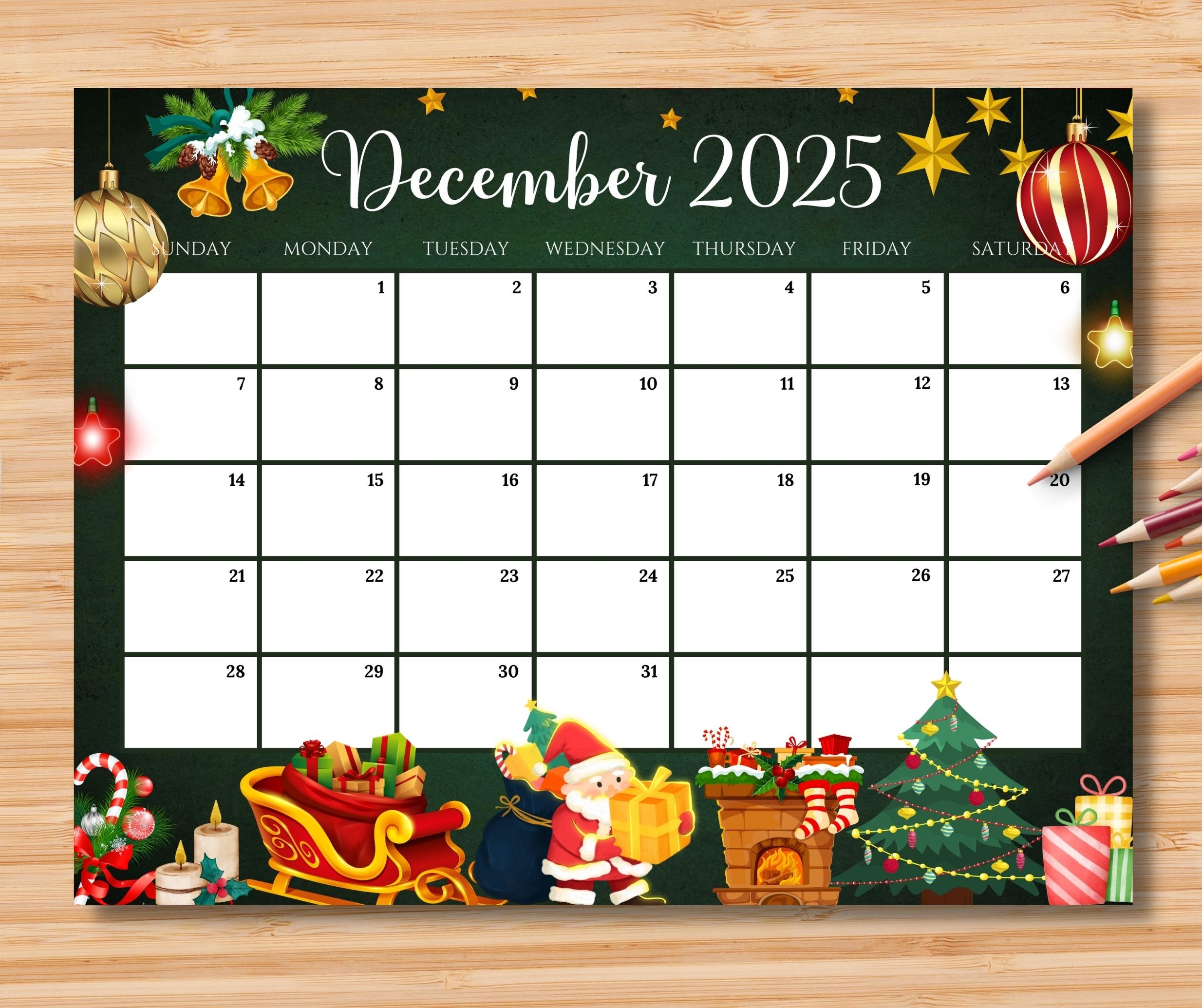 EDITABLE December 2025 Calendar Gorgeous Christmas W Santa Claus Gifts U0026 Ornaments Printable Monthly Planner For Kids School Home Work Etsy