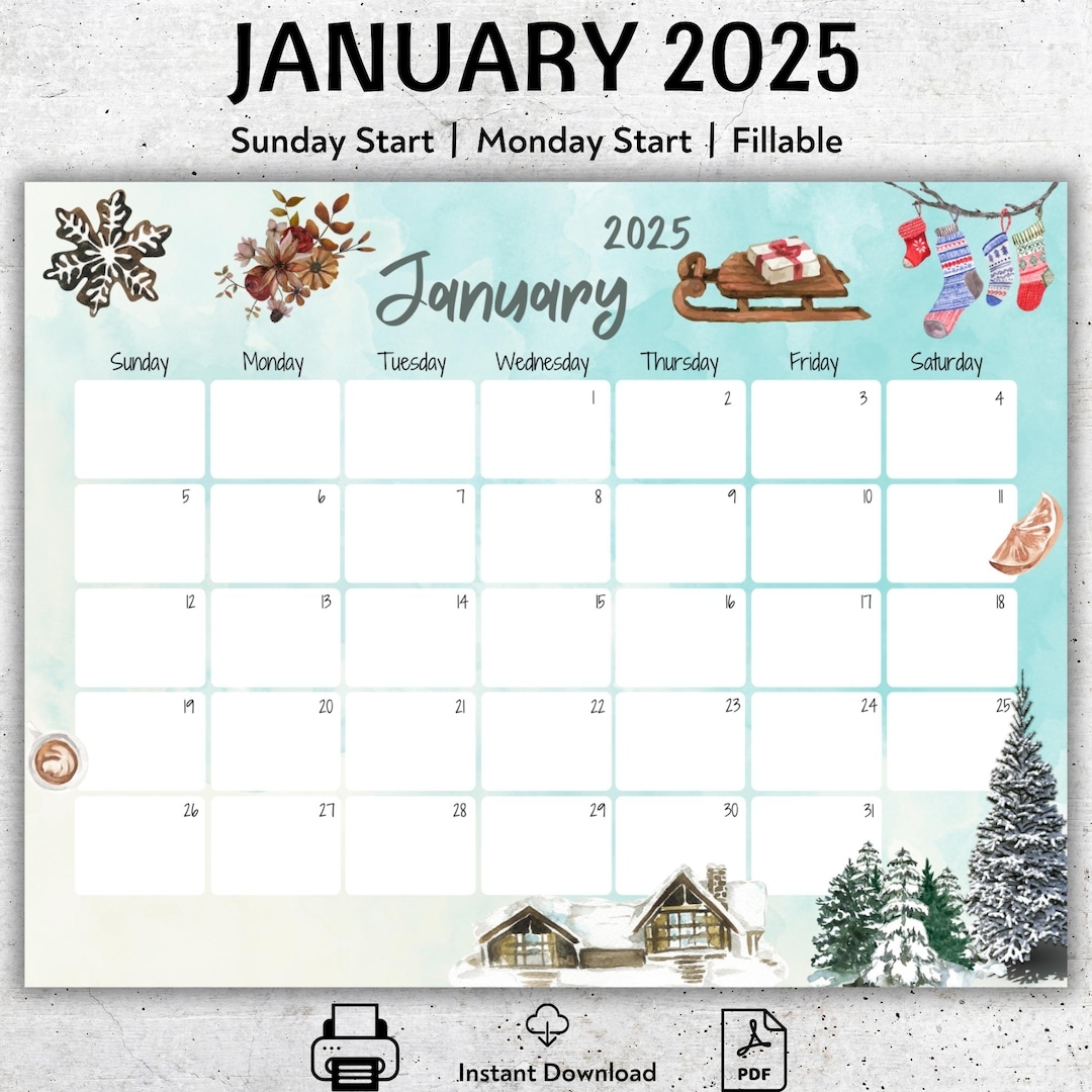 EDITABLE January 2025 Calendar Beautiful Winter Printable January Planner Fillable Calendar Snowy House And Trees Monthly Schedule PDF Etsy