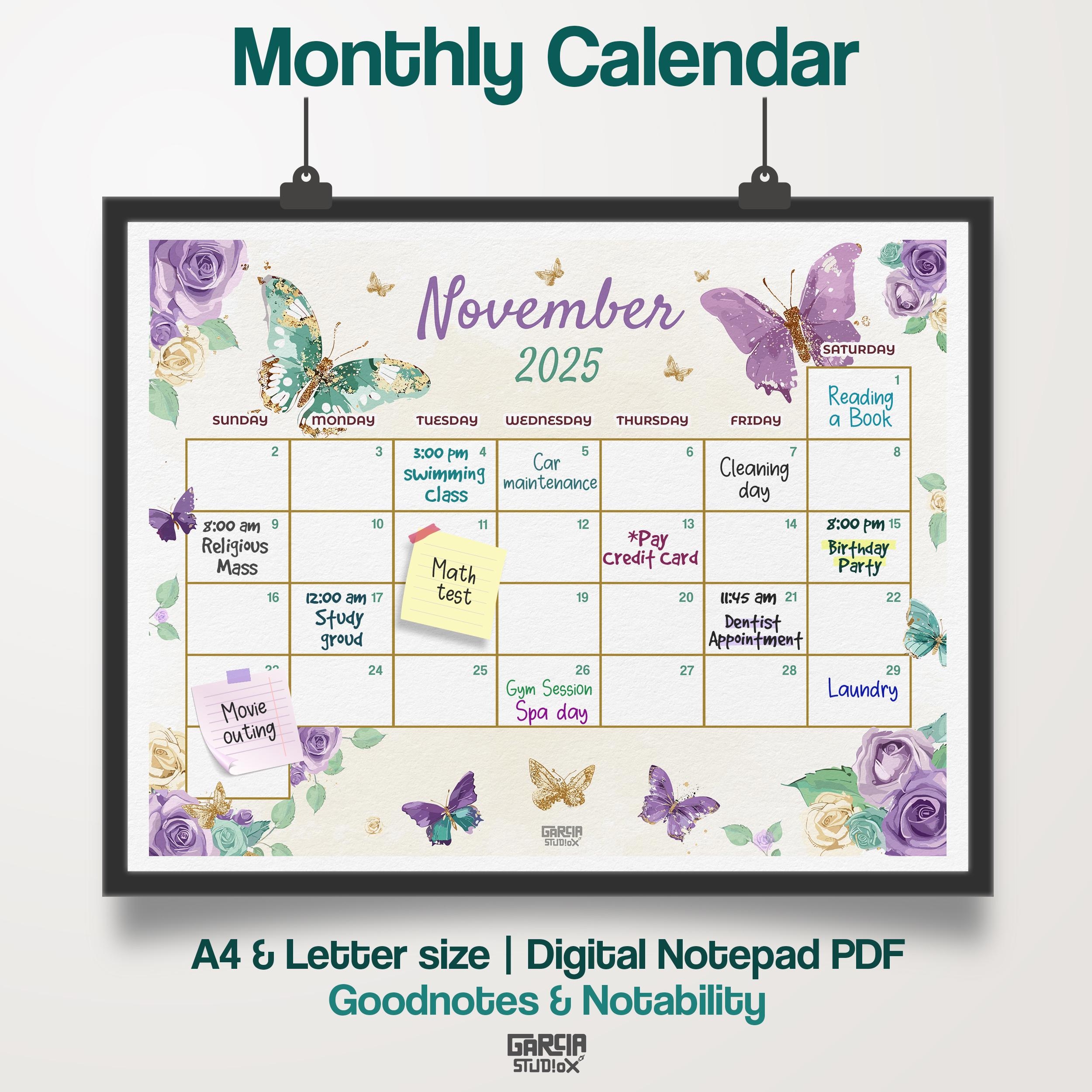 EDITABLE November 2025 Butterfly Calendar Template Green U0026 Purple Monthly Planner For Organizing Digital Printable For Office Home Use Etsy