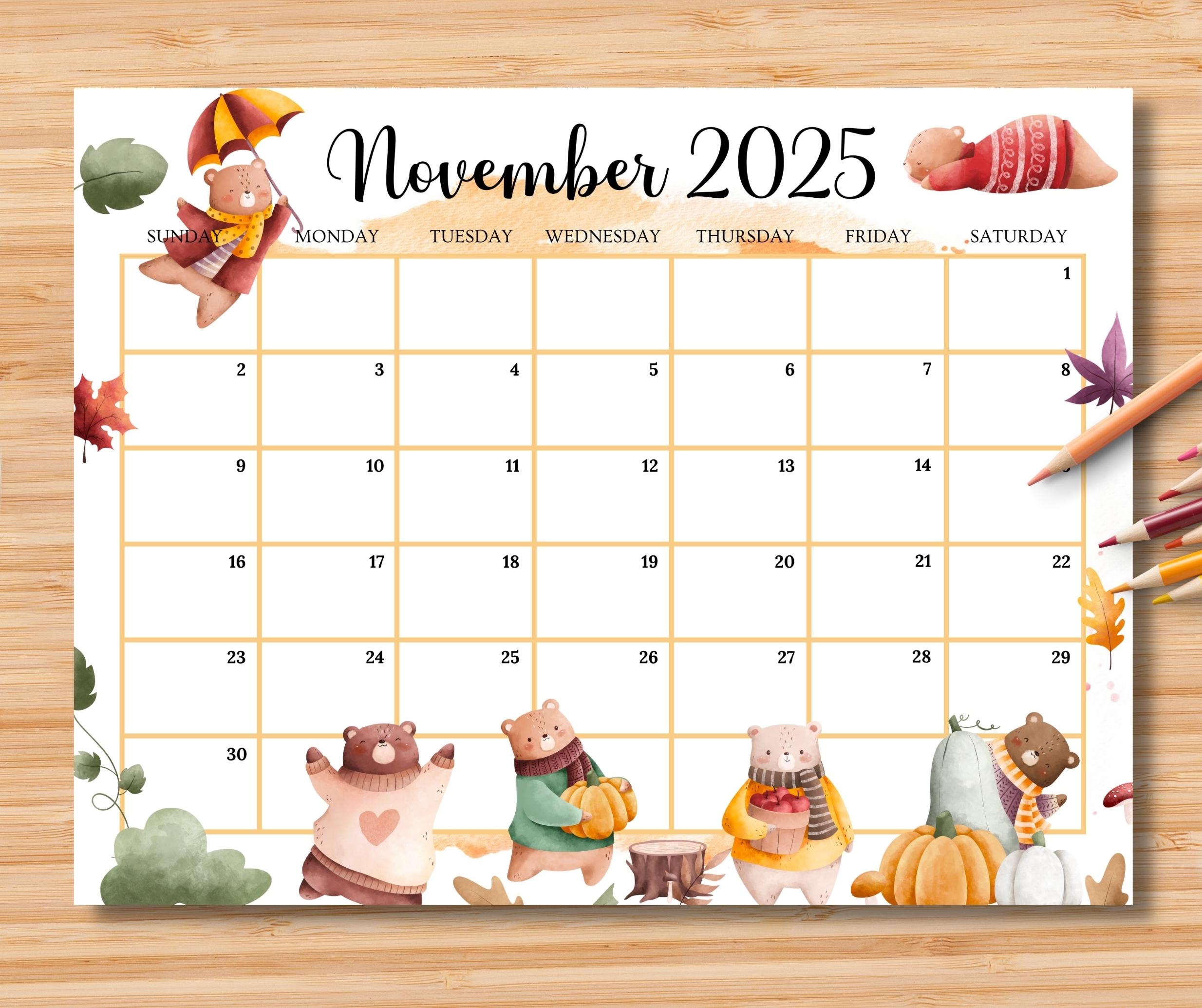EDITABLE November 2025 Calendar Beautiful Autumn Planner W cute Bears Printable Monthly Calendar For Kid Home Work Office Instant Download Etsy New Zealand