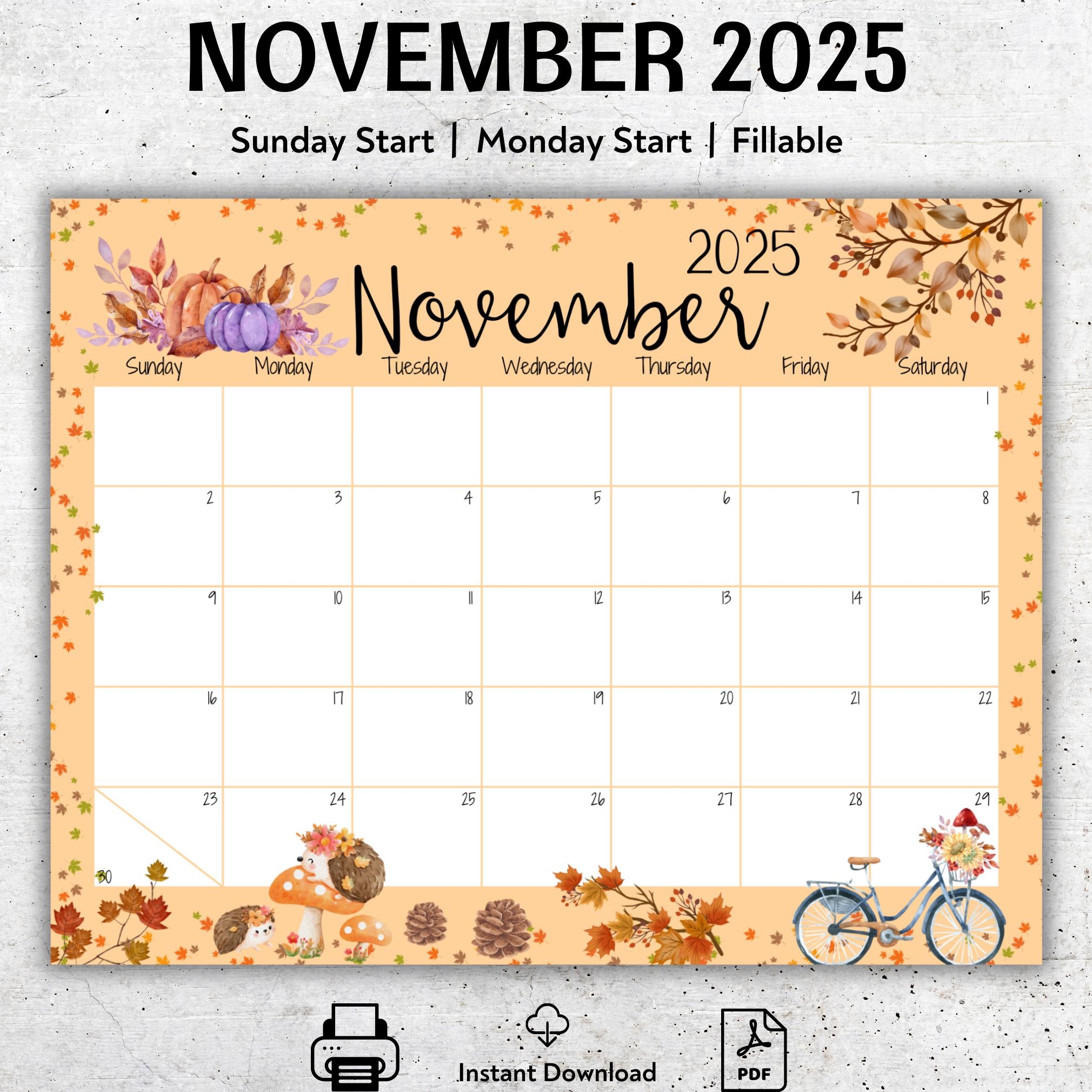 EDITABLE November 2025 Calendar Beautiful Fall Foliage Printable 